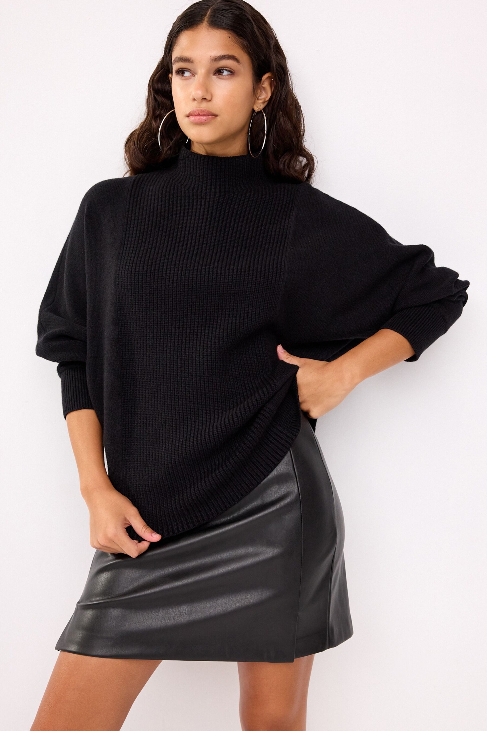 Black Stand Neck Rib Mix Jumper - Image 1 of 7