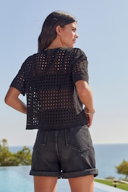 Black Short Sleeve Crochet Crew Neck T-Shirt - Image 3 of 6