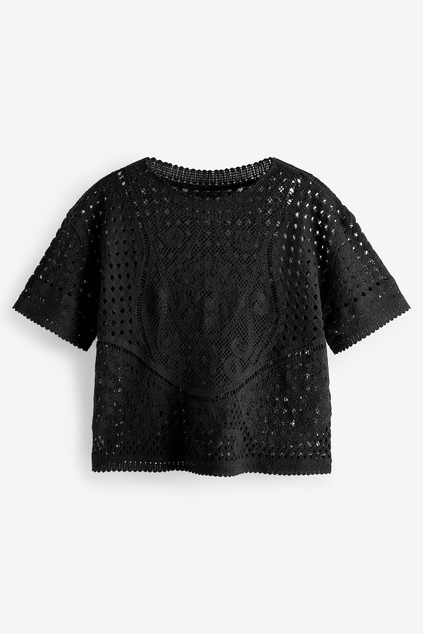 Black Short Sleeve Crochet Crew Neck T-Shirt - Image 5 of 6