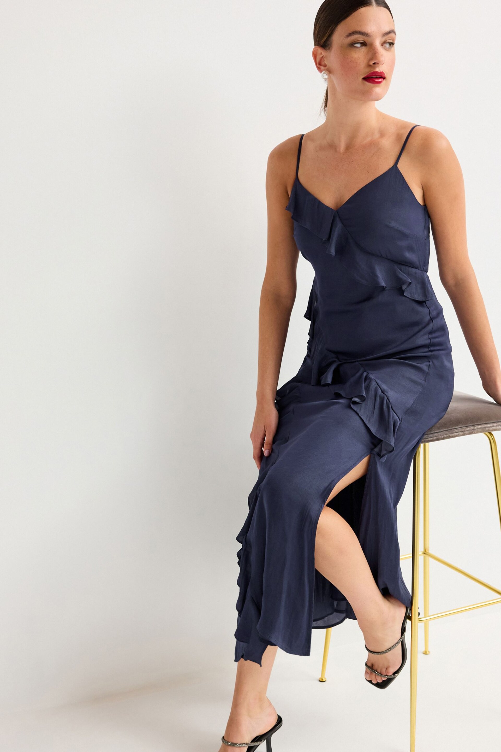 Navy Strappy Satin Ruffle Dress - Image 2 of 6