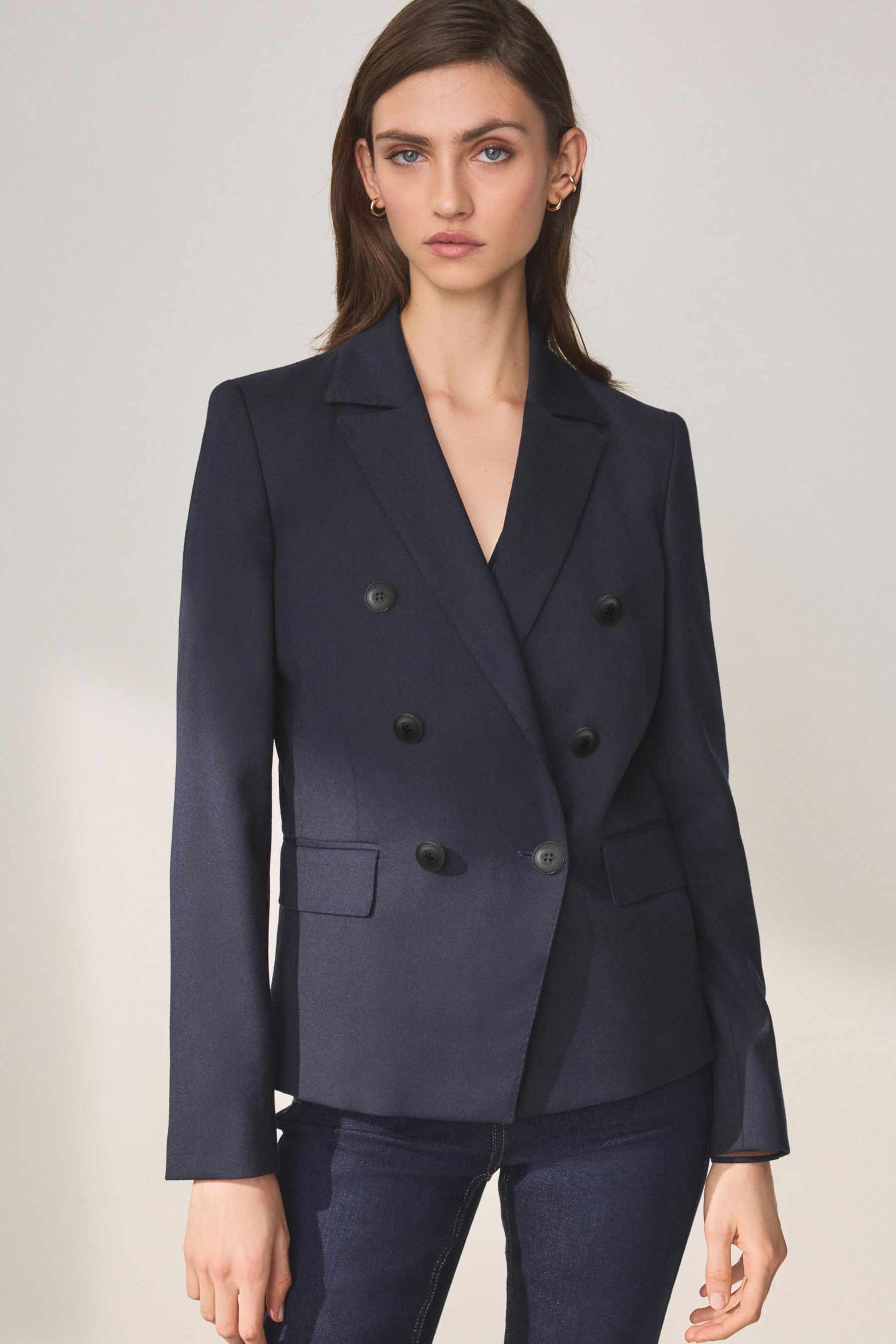 Ladies navy double breasted blazer on sale