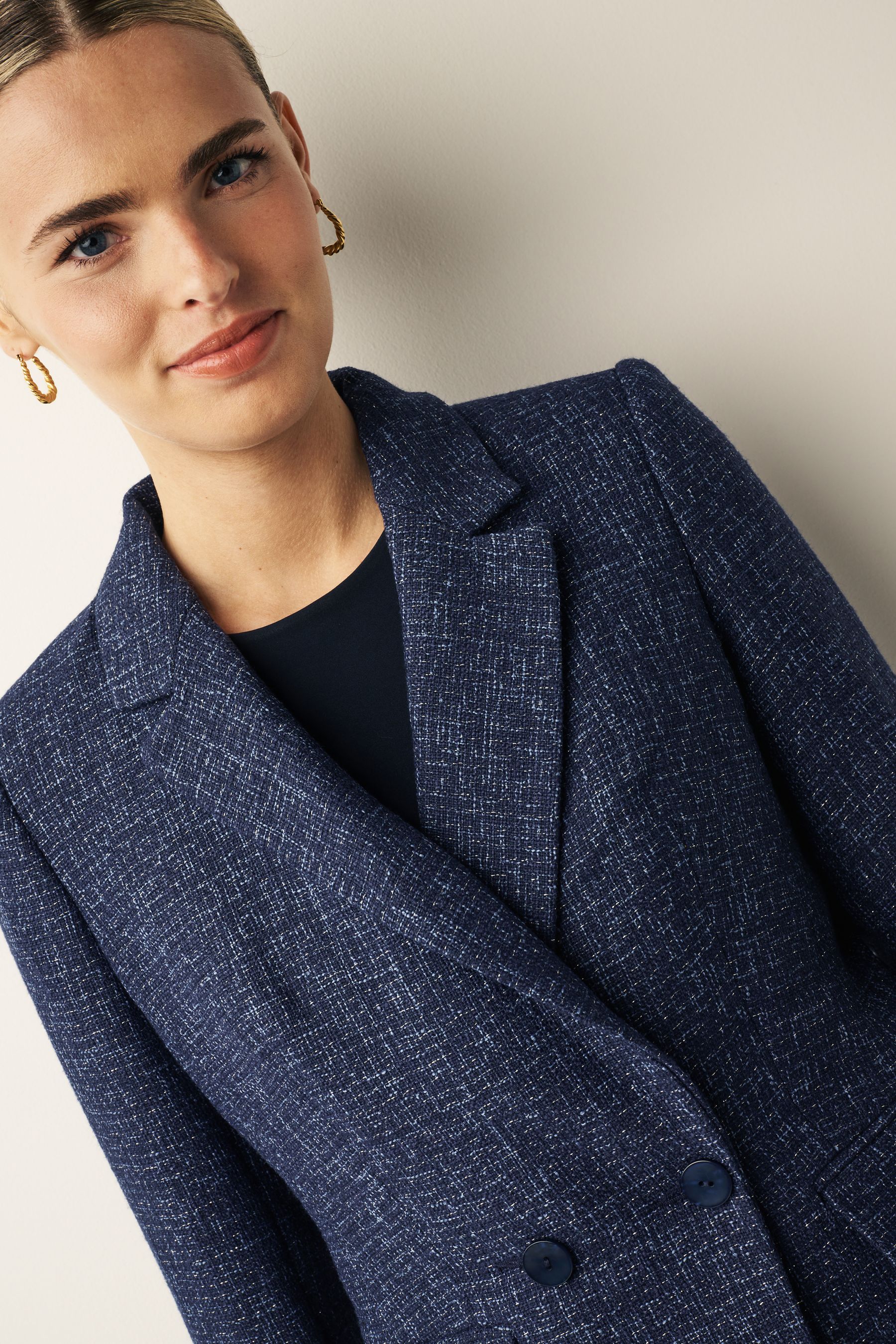 Buy Navy Blue Boucle Fitted Double Breasted Blazer from Next Luxembourg