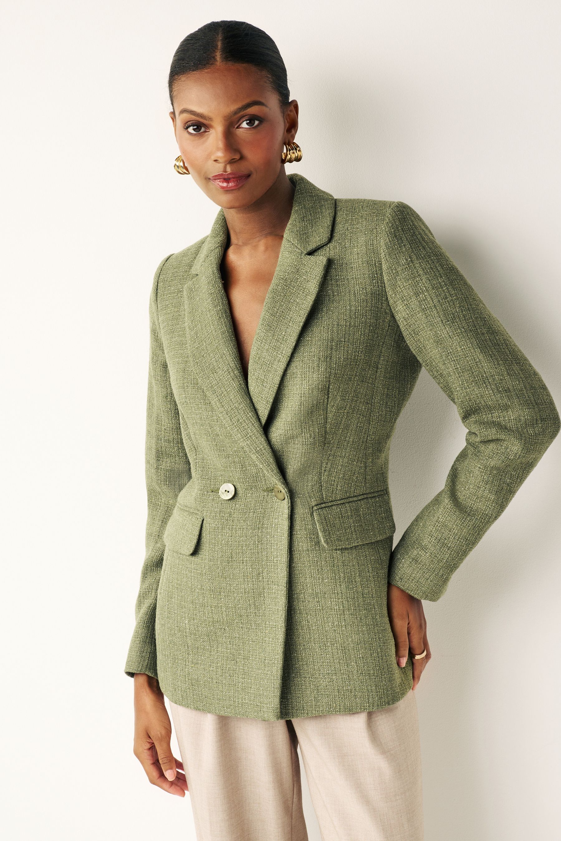 Buy Sage Green Boucle Fitted Double Breasted Blazer from Next Germany