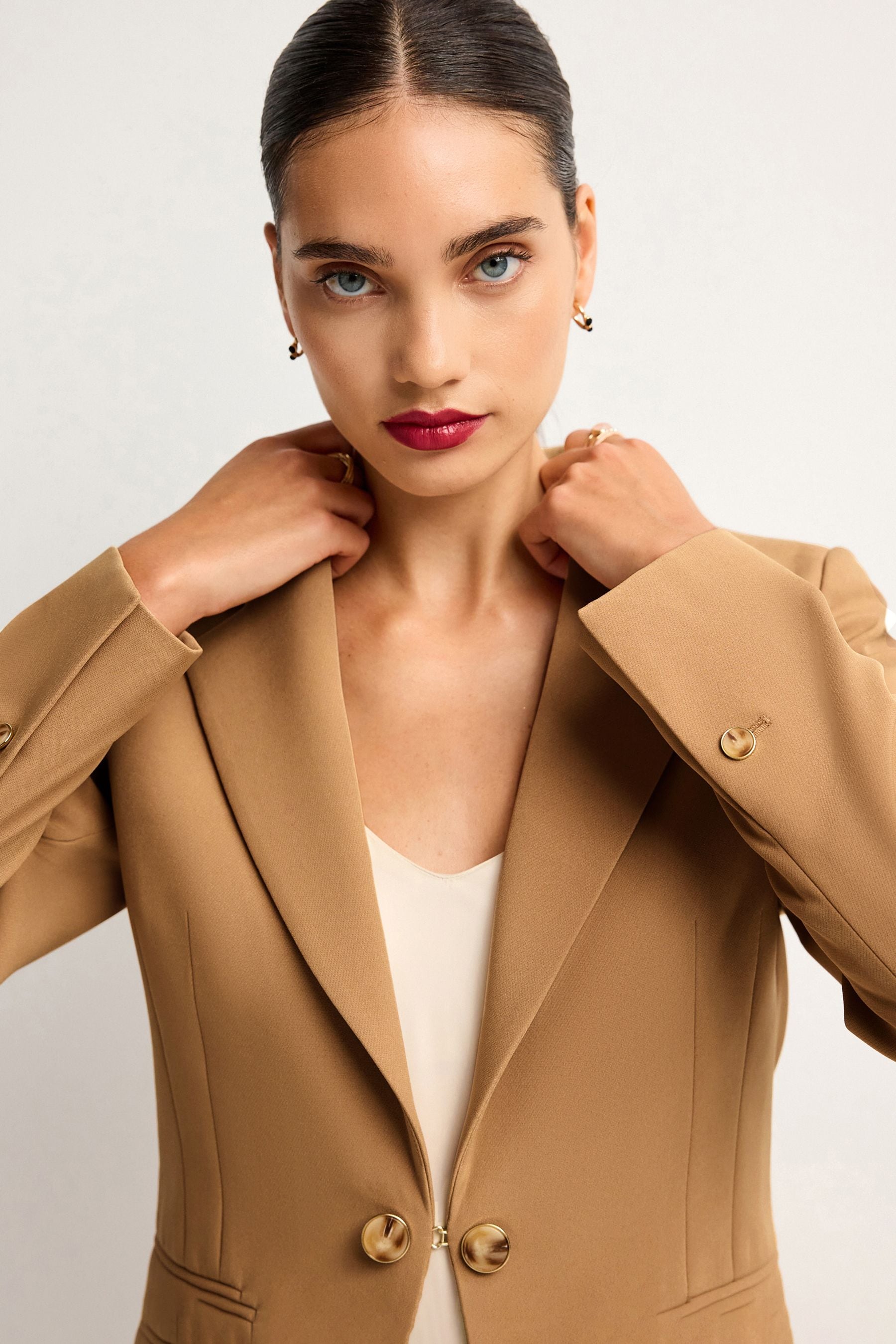 Buy Camel Brown Tailored Crepe Edge to Edge Fitted Blazer from Next Belgium