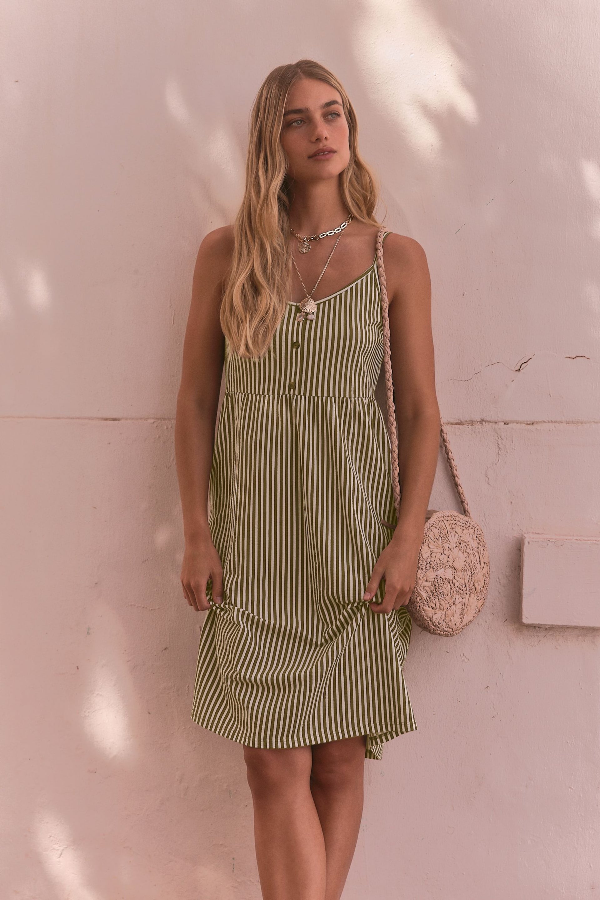 Khaki Green/White Button Down Cotton Cami Summer Dress - Image 1 of 8