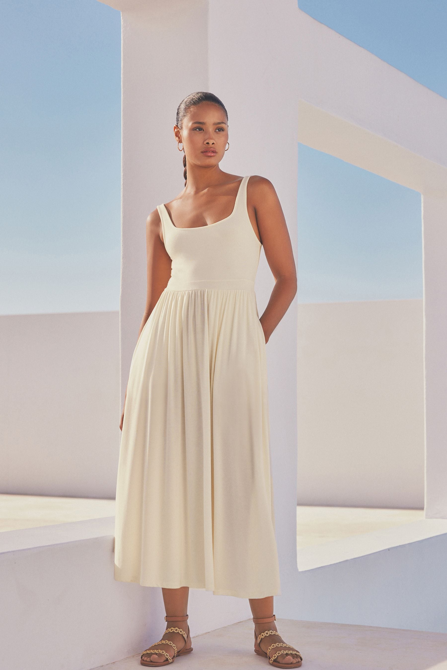 Buy Cream Jersey Waisted Summer Dress from the Next UK online shop