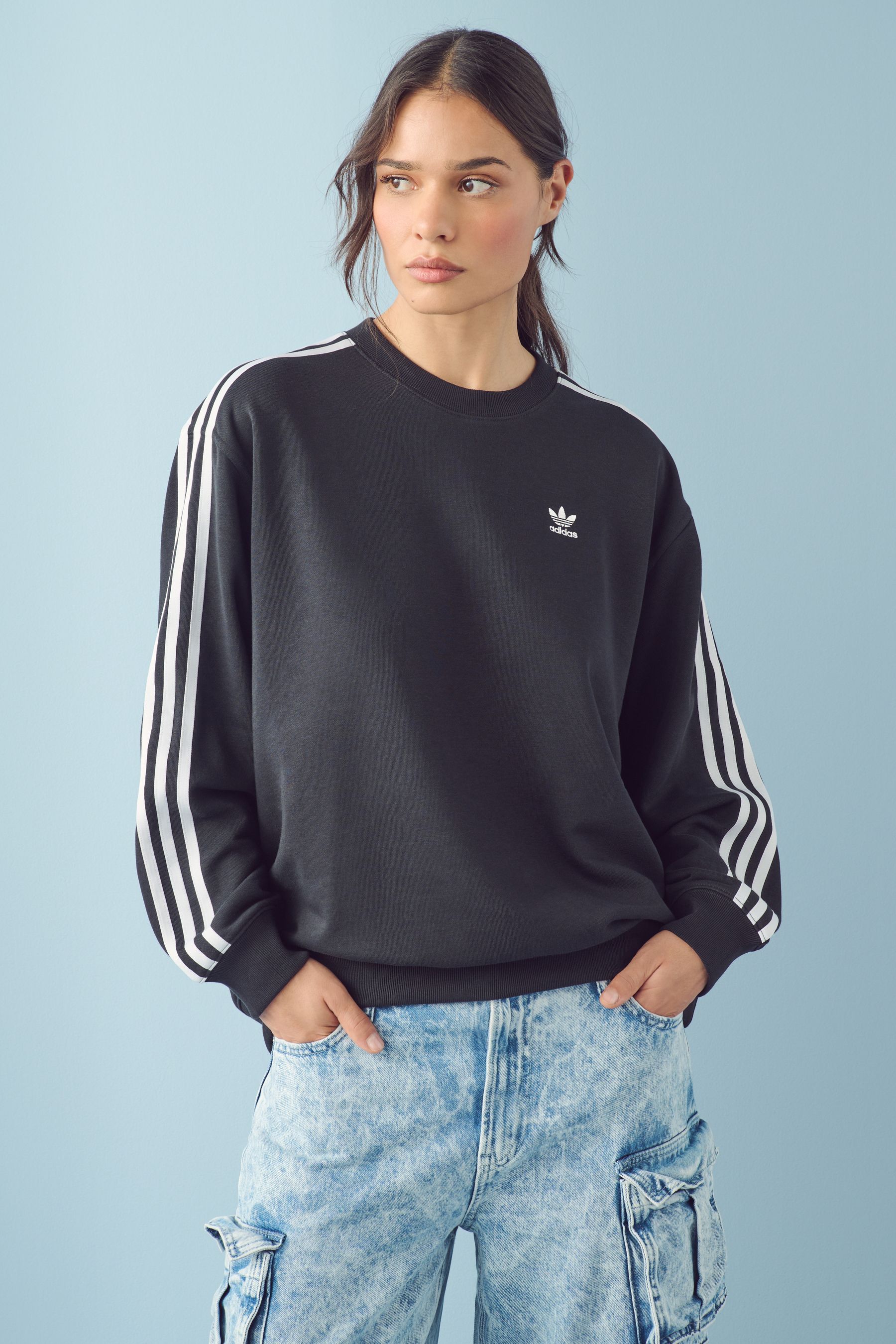 Buy adidas Originals Black Oversized 3 Stripes Crew Sweatshirt from the Next UK online shop