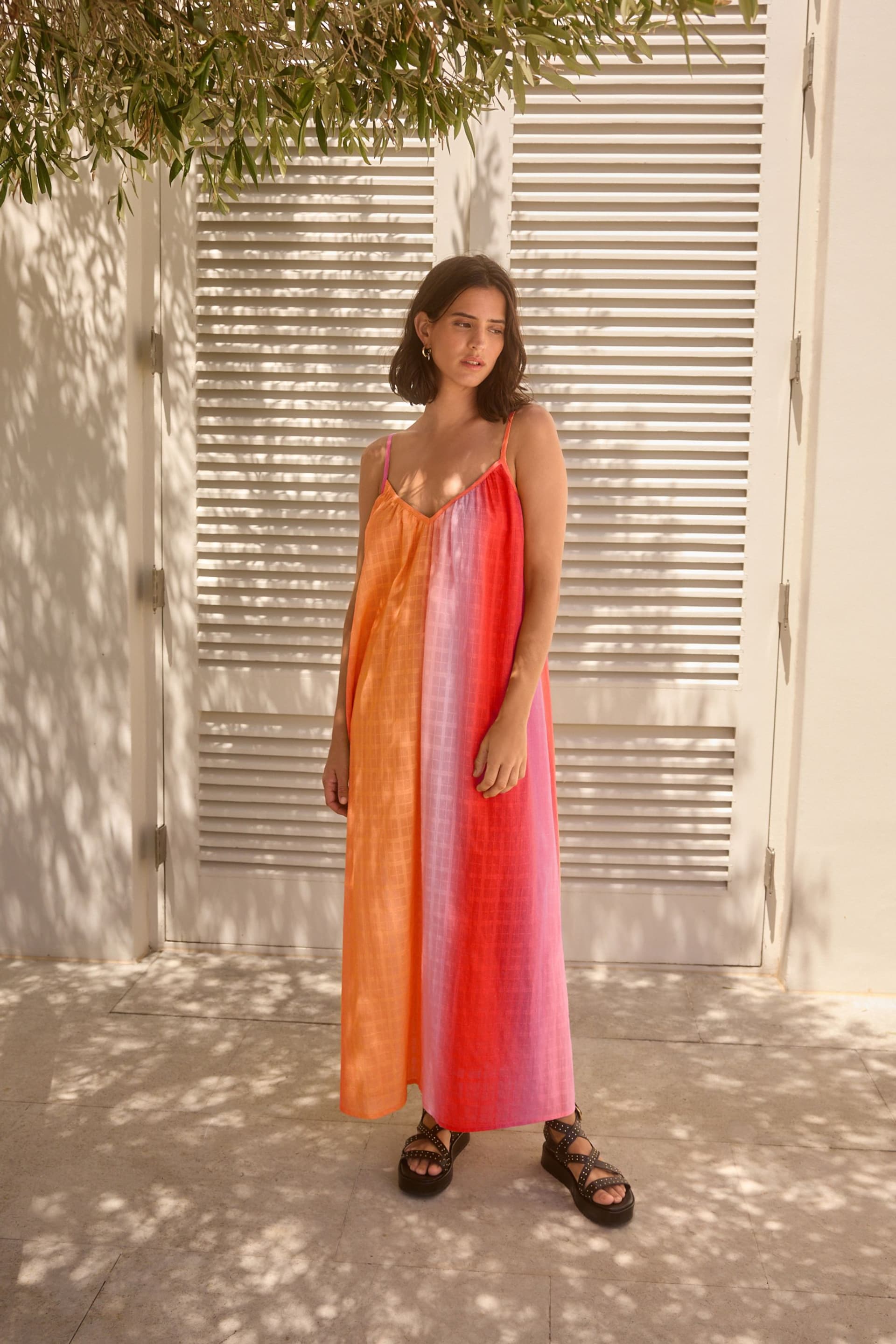 Orange/Pink Ombre Textured Volume Summer Maxi Dress - Image 2 of 8