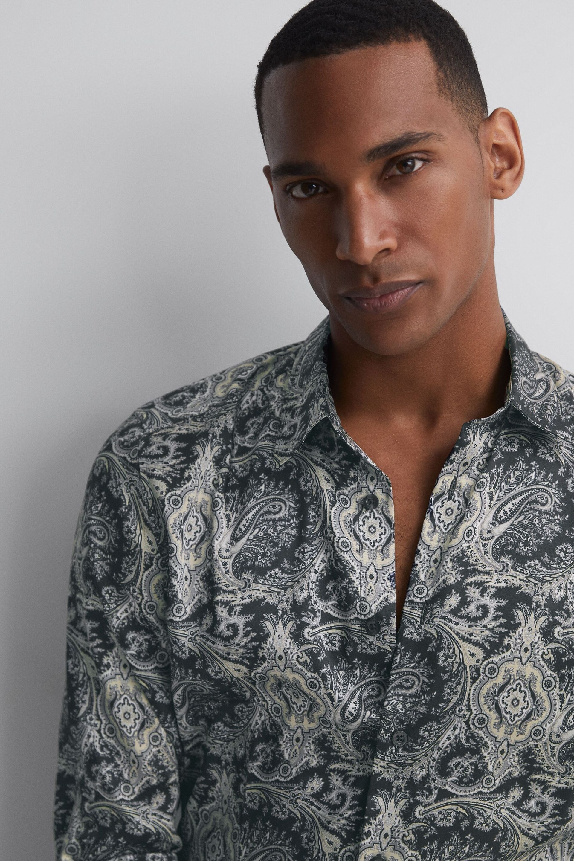 Reiss Black Multi Cousin Paisley Print Button-Through Shirt - Image 1 of 5