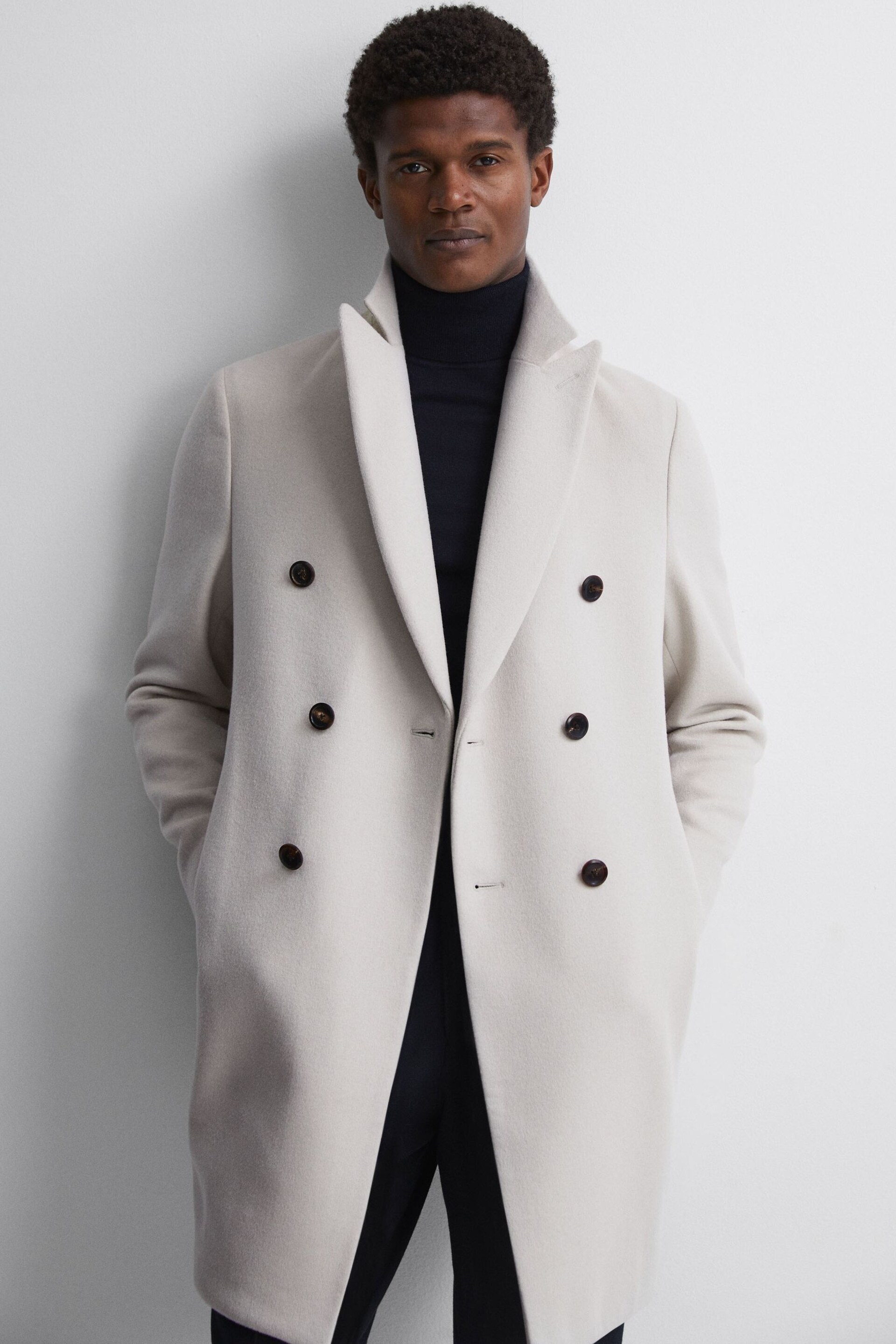 Reiss Bone Timpano Wool Blend Double Breasted Epsom Coat - Image 1 of 5
