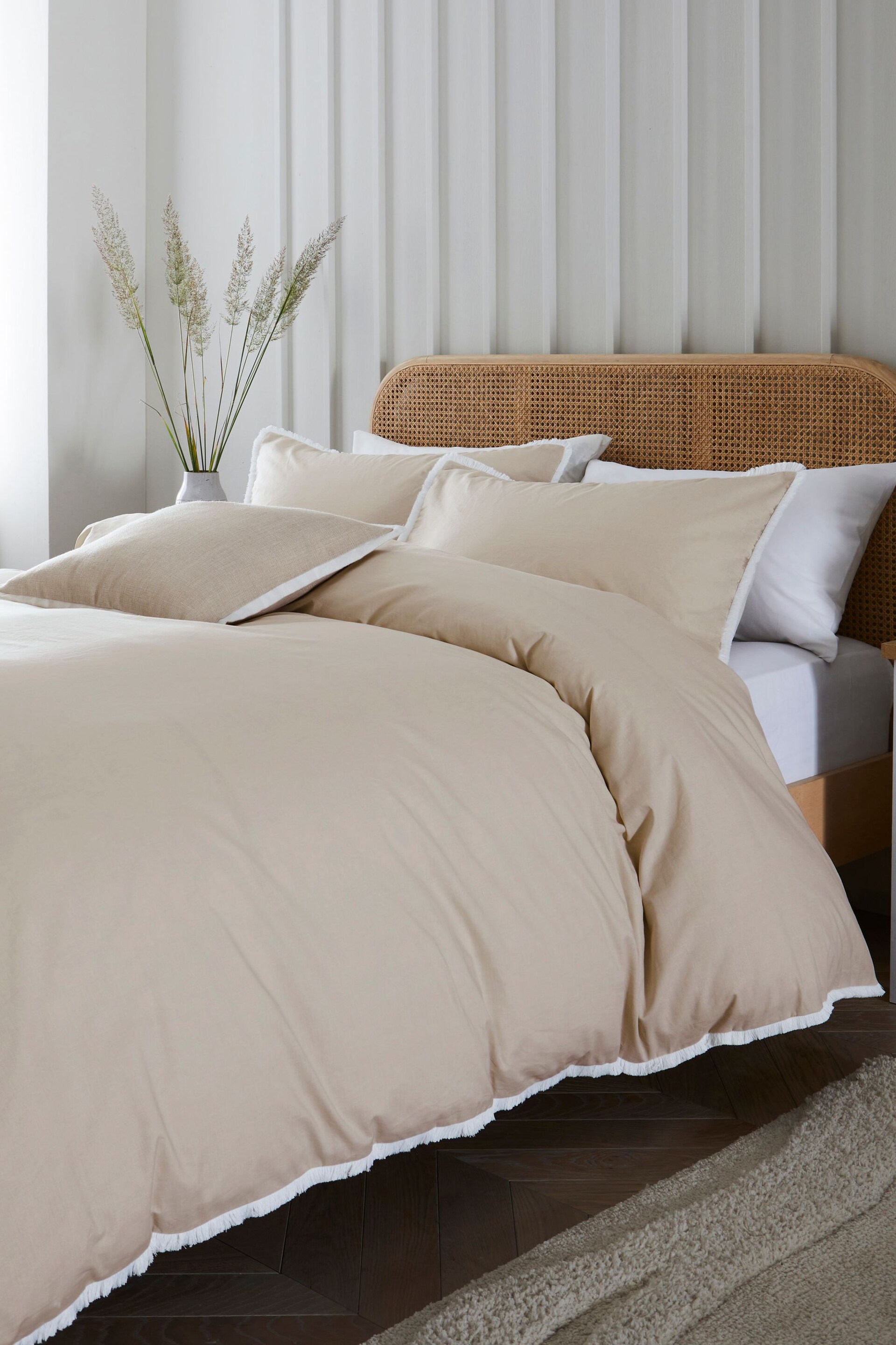 Natural Fringed Edge 100% Cotton Duvet Cover and Pillowcase Set - Image 1 of 5