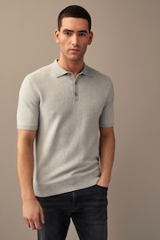 Grey Knitted Waffle Textured Regular Fit Polo Shirt - Image 1 of 4