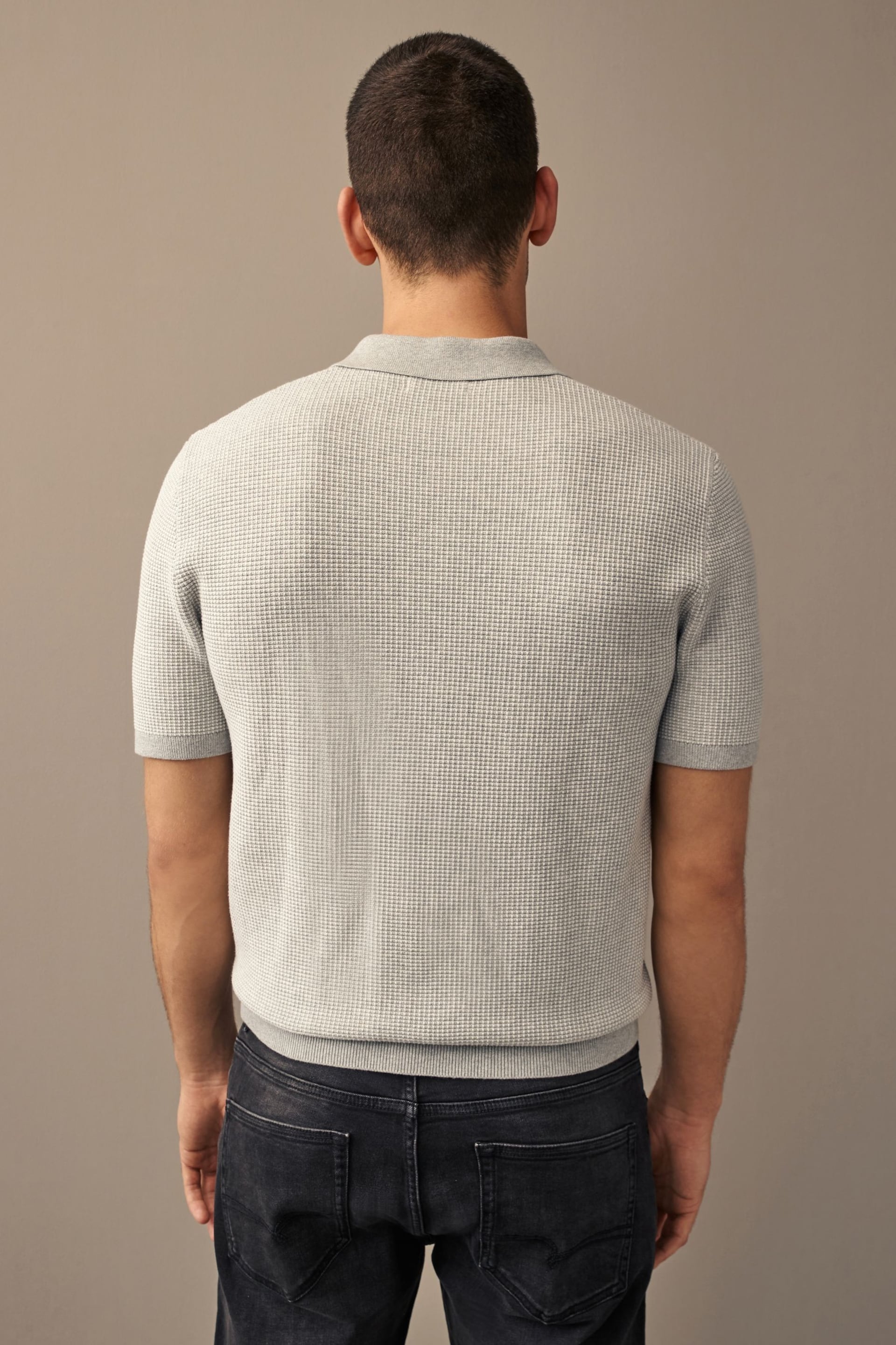 Grey Knitted Waffle Textured Regular Fit Polo Shirt - Image 2 of 4
