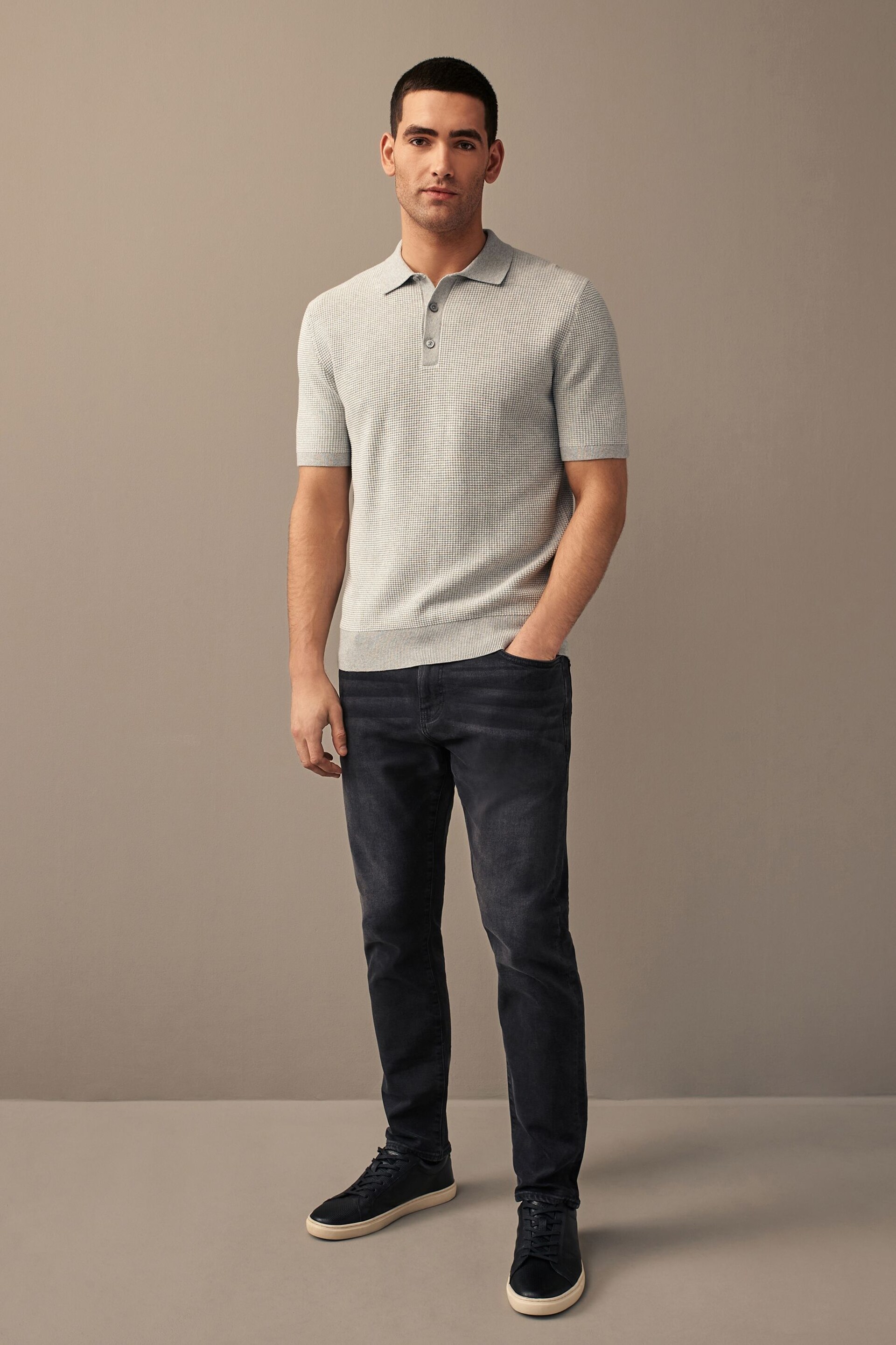 Grey Knitted Waffle Textured Regular Fit Polo Shirt - Image 3 of 4