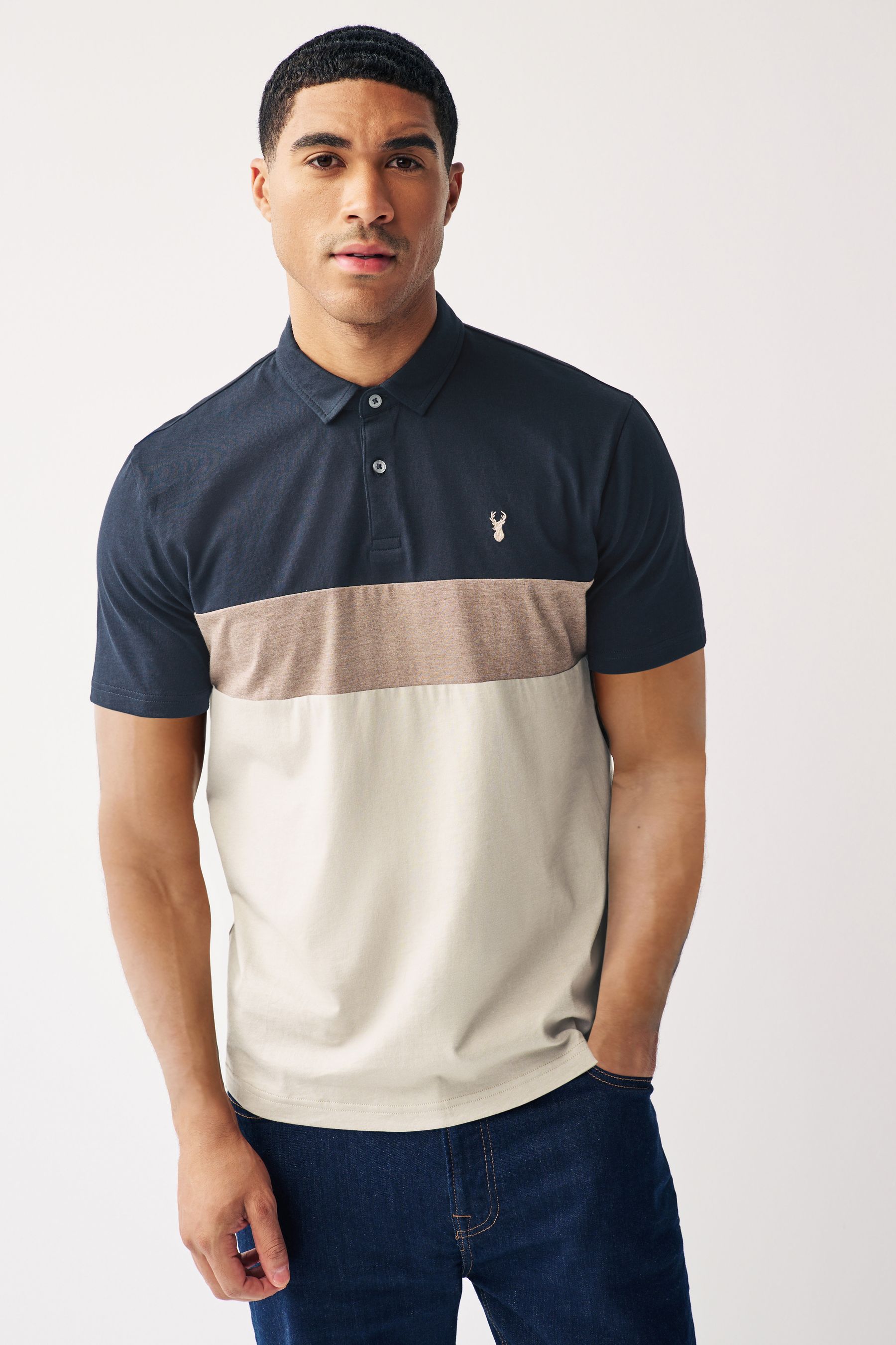 Navy Blue Neutral 100 Cotton Short Sleeve Button Up Block Polo Shirt