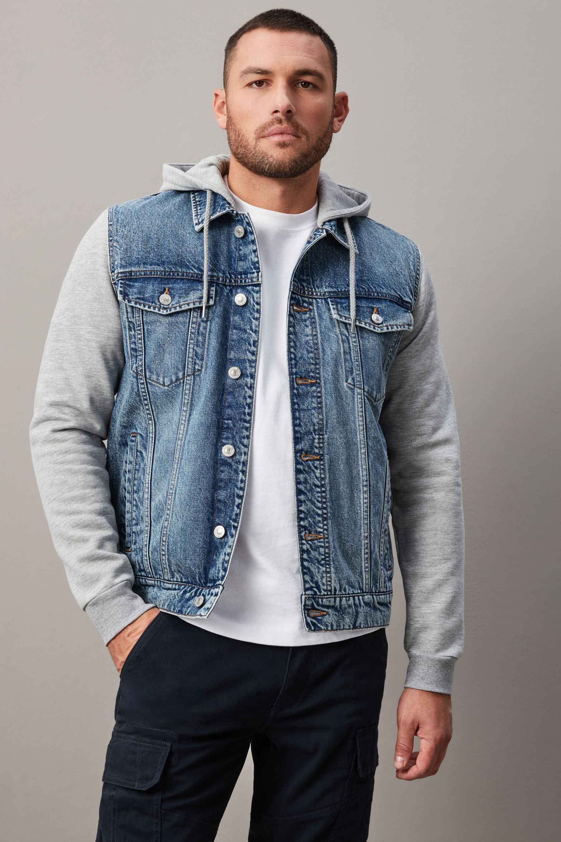 Buy Blue Denim Jacket With Jersey Sleeve And Hood from Next Luxembourg