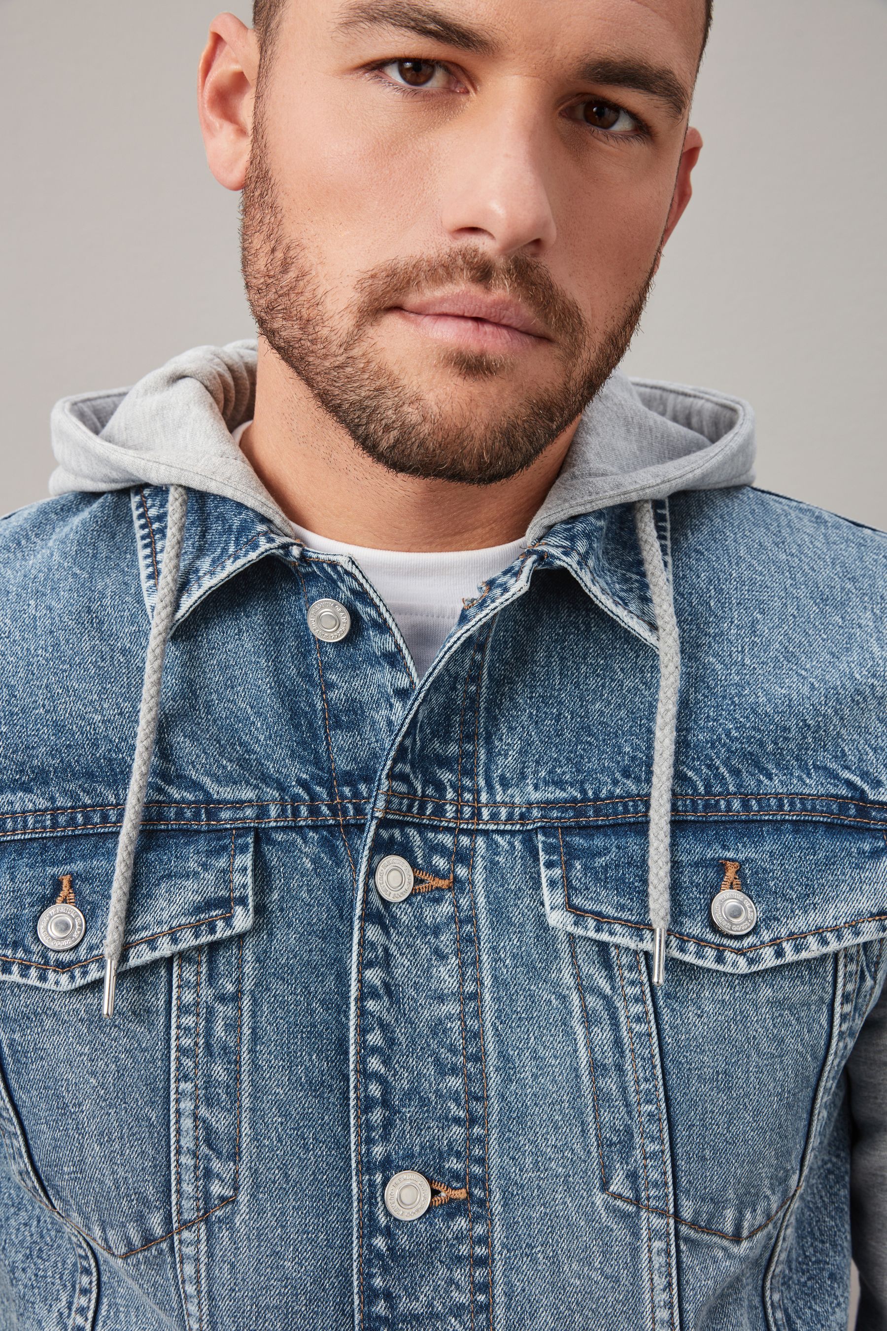 Buy Blue Denim Jacket With Jersey Sleeve And Hood from Next United Arab Emirates