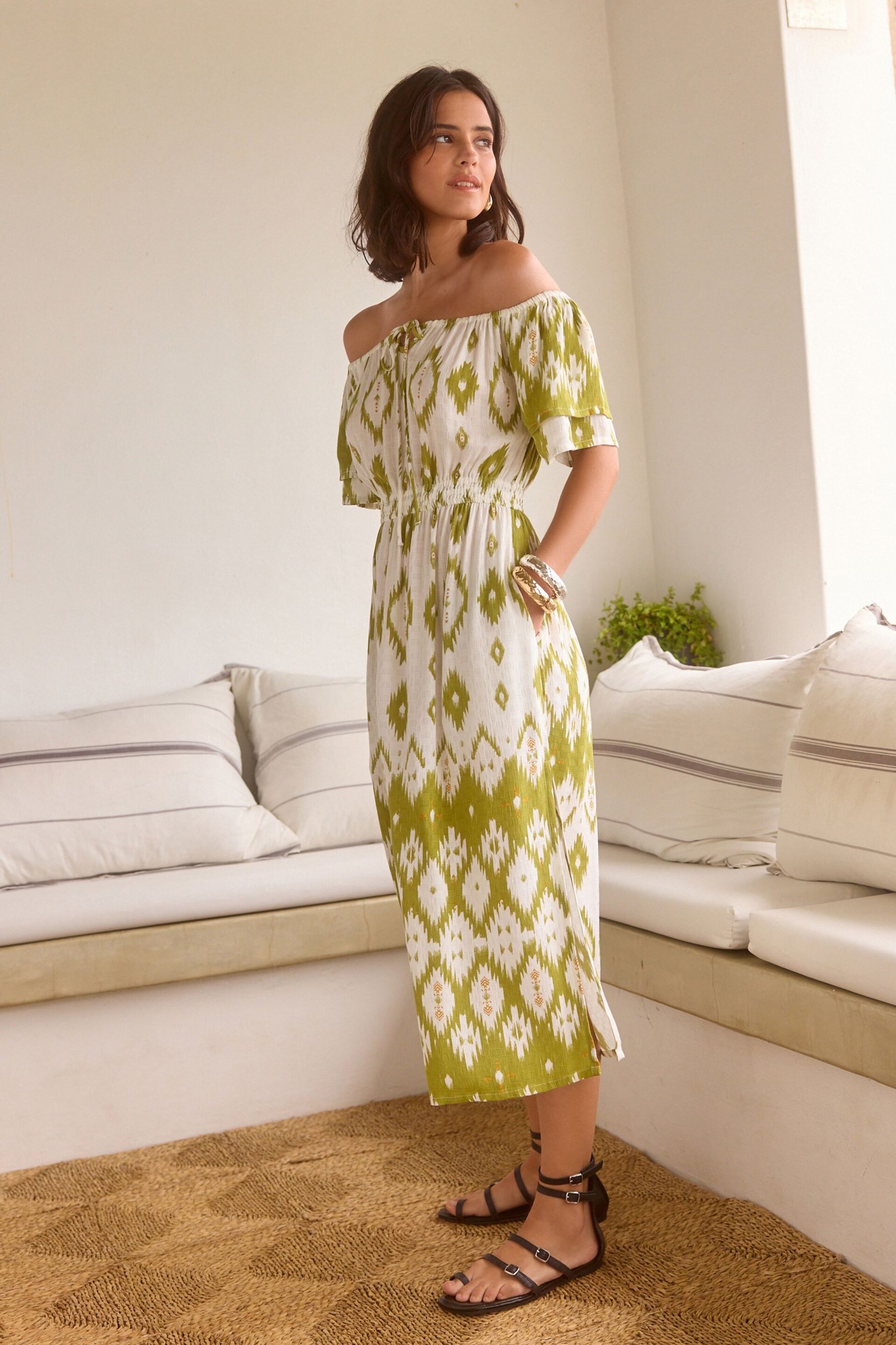 White/Green Off Shoulder Summer Dress - Image 1 of 6