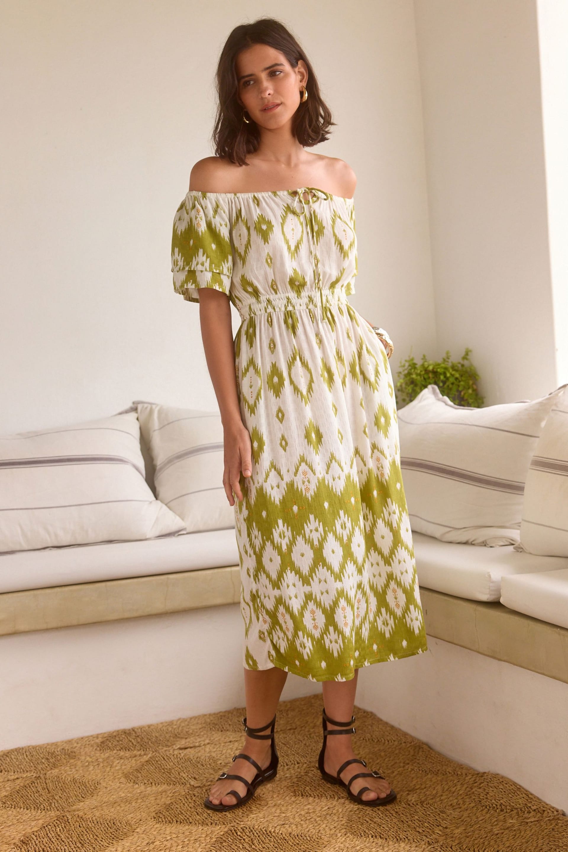White/Green Off Shoulder Summer Dress - Image 2 of 6