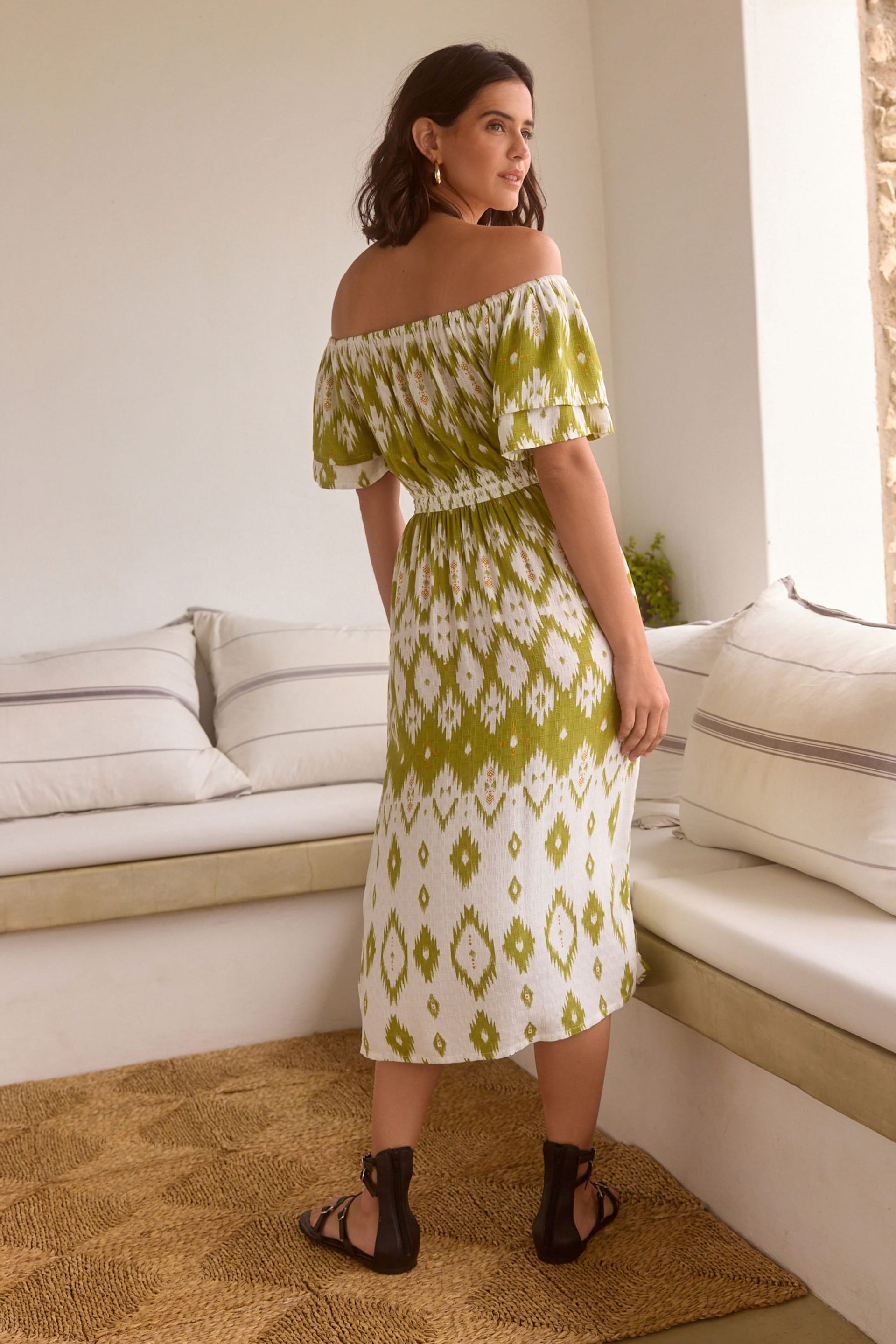 White/Green Off Shoulder Summer Dress - Image 3 of 6