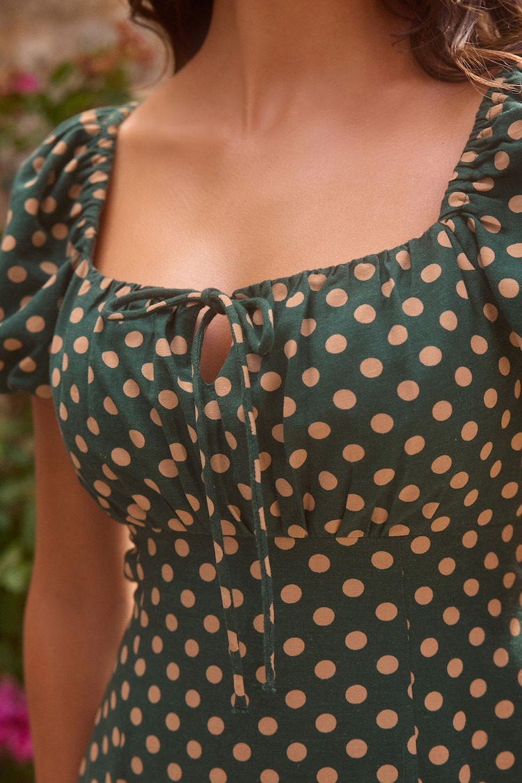 Teal/Ecru Spot 100% Cotton Puff Sleeve Midi Dress - Image 5 of 5