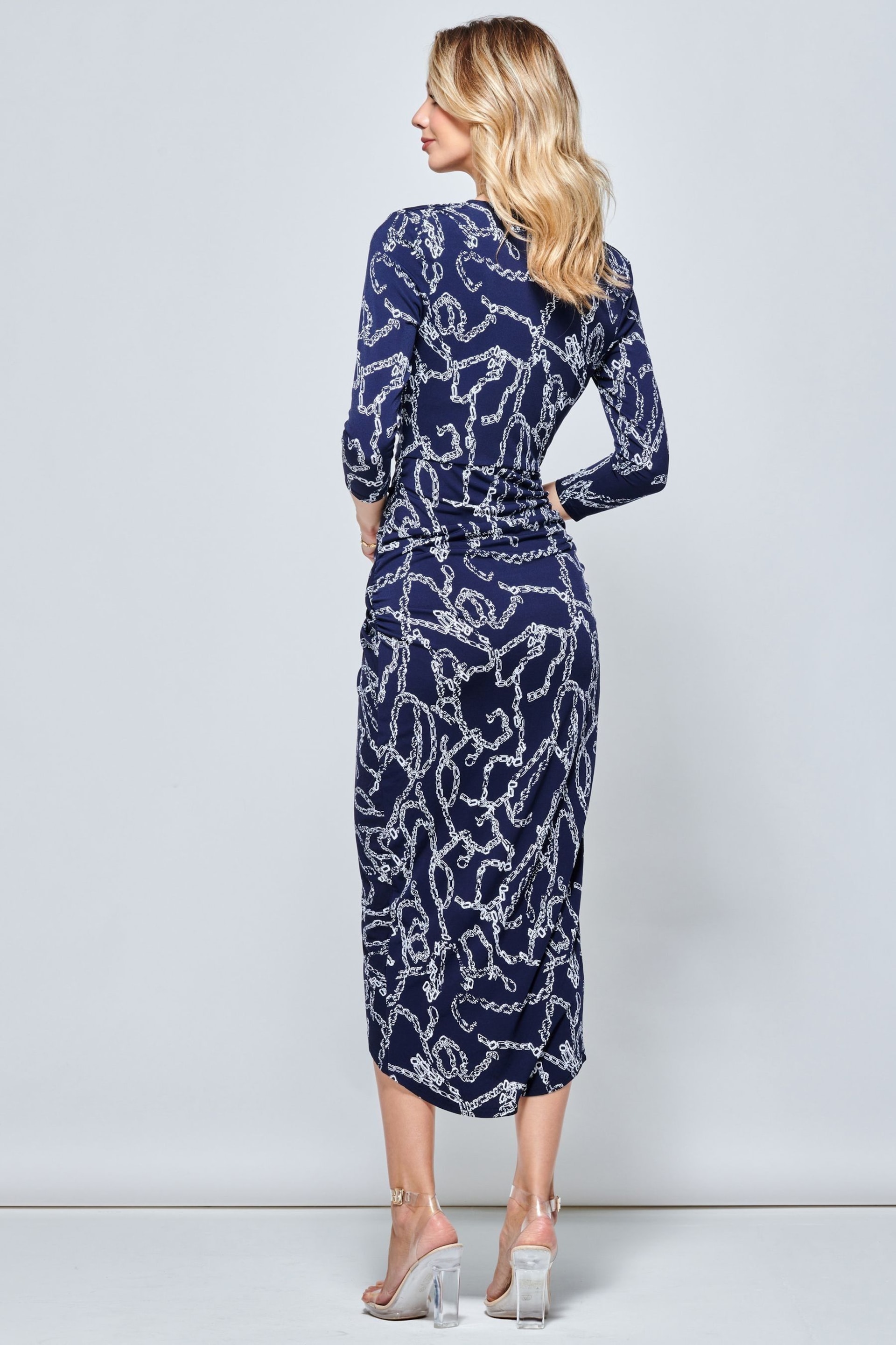 Jolie Moi Blue Print Wrap Front Bodycon Maxi Dress - Image 2 of 6