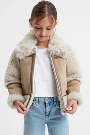 Reiss Neutral Asher Junior Suede Sheepskin Zip-Through Jacket - Image 1 of 8