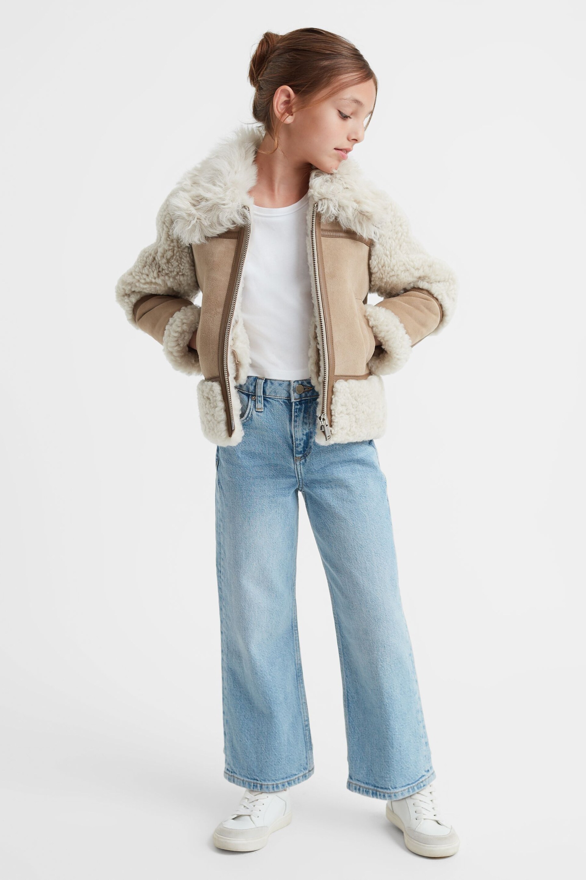 Reiss Neutral Asher Junior Suede Sheepskin Zip-Through Jacket - Image 3 of 8