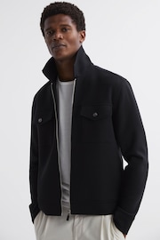 Reiss Navy Medina Interlock Jersey Zipped Overshirt - Image 1 of 4