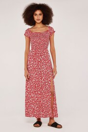 Apricot Red Floral Shirred Split Maxi Dress - Image 1 of 4
