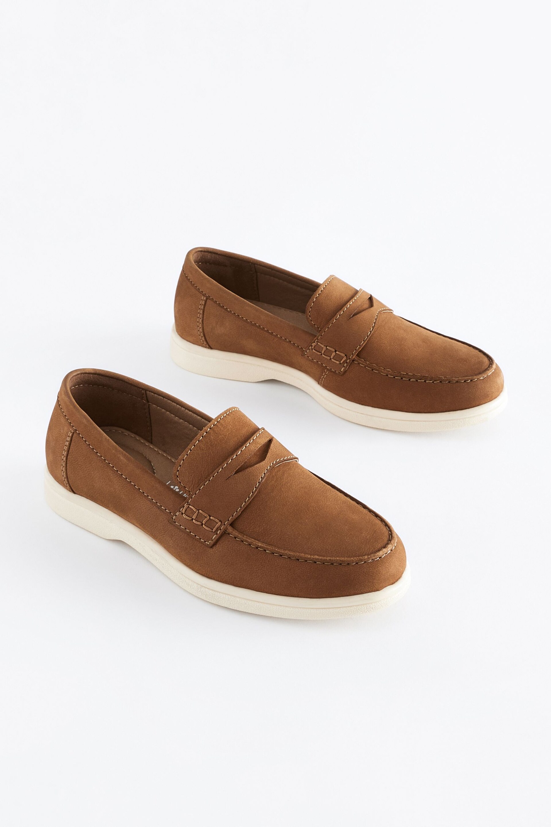 Tan Brown Contrast Sole Leather Penny Loafers - Image 1 of 6