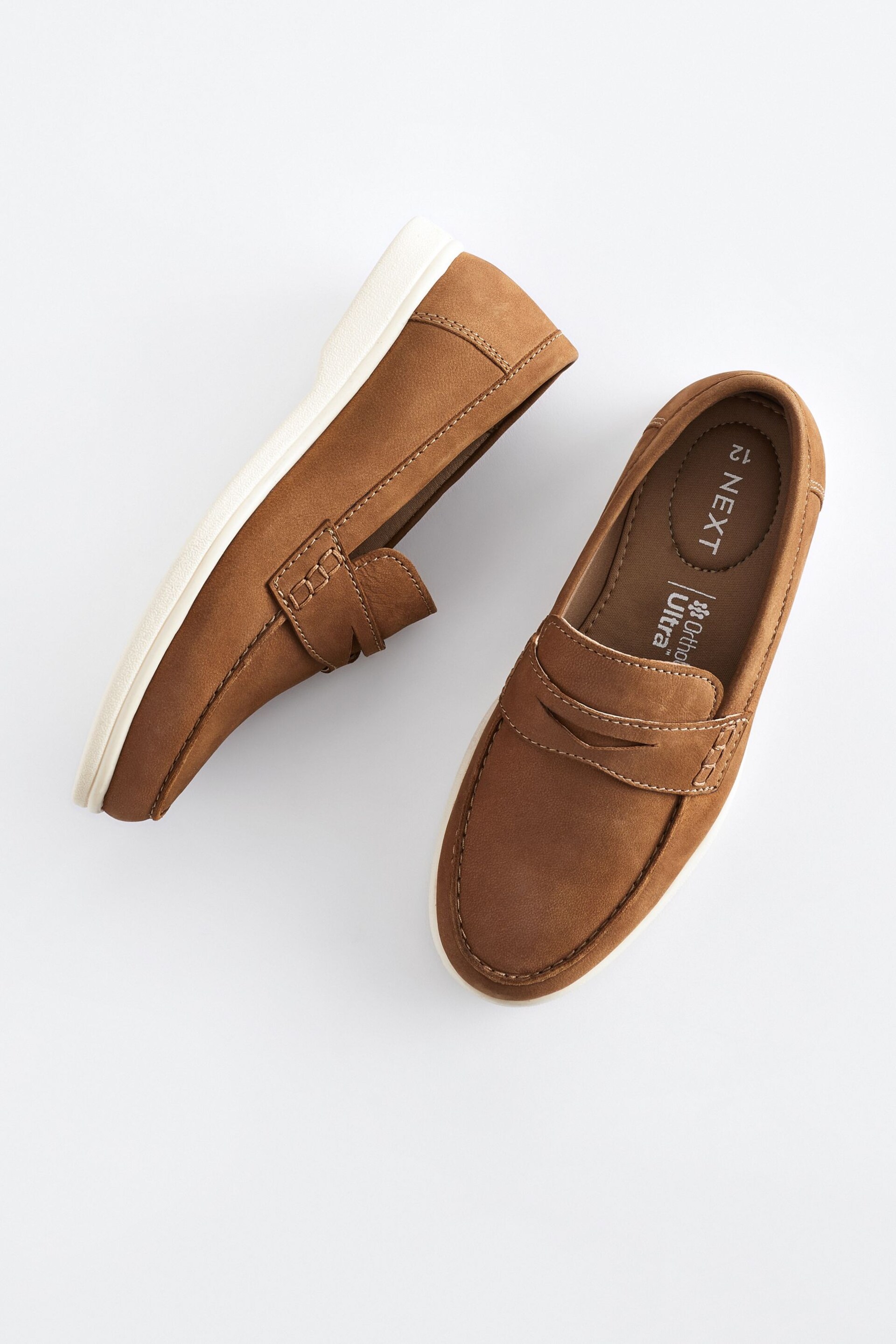 Tan Brown Contrast Sole Leather Penny Loafers - Image 3 of 6
