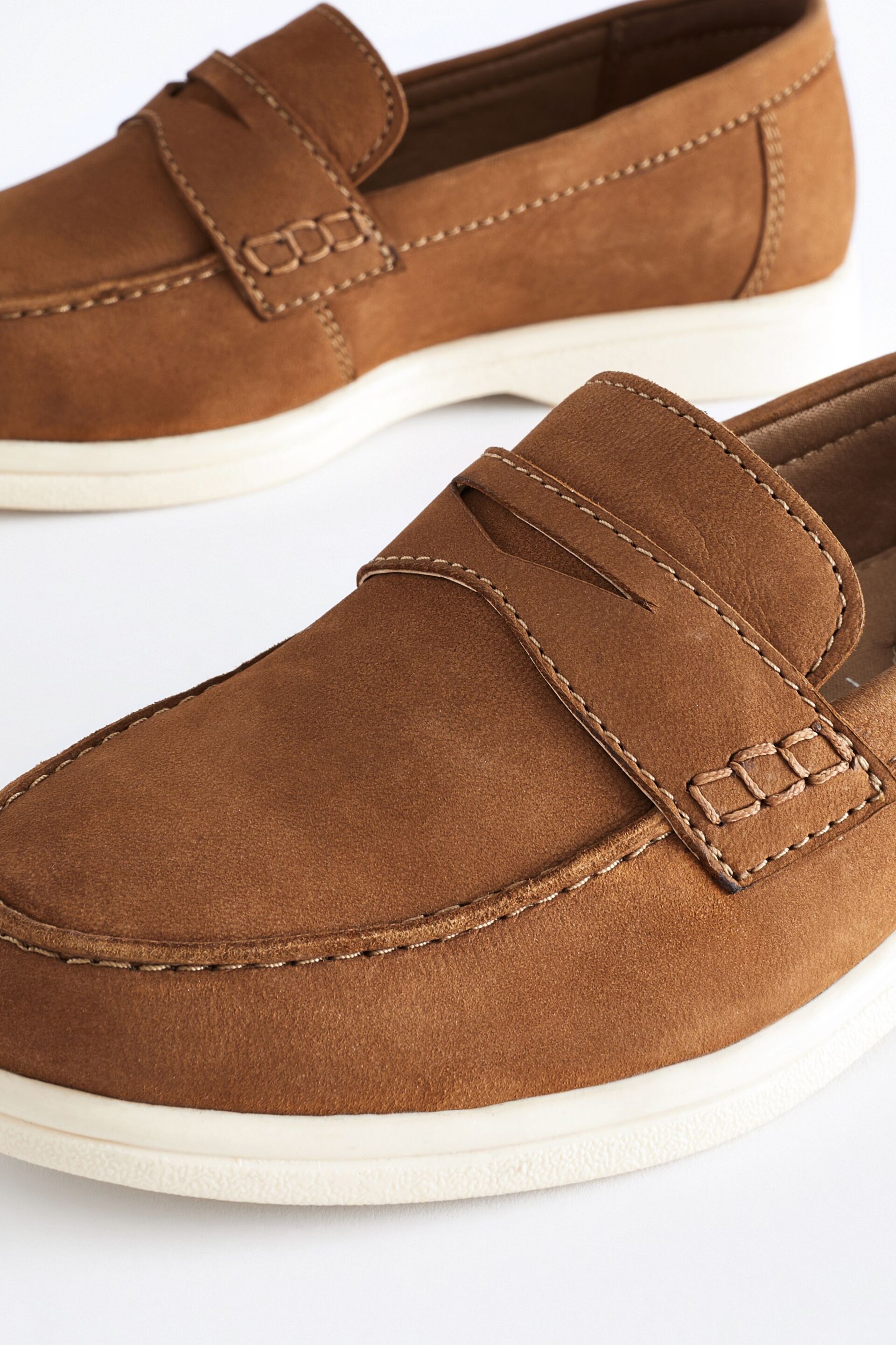 Tan Brown Contrast Sole Leather Penny Loafers - Image 5 of 6