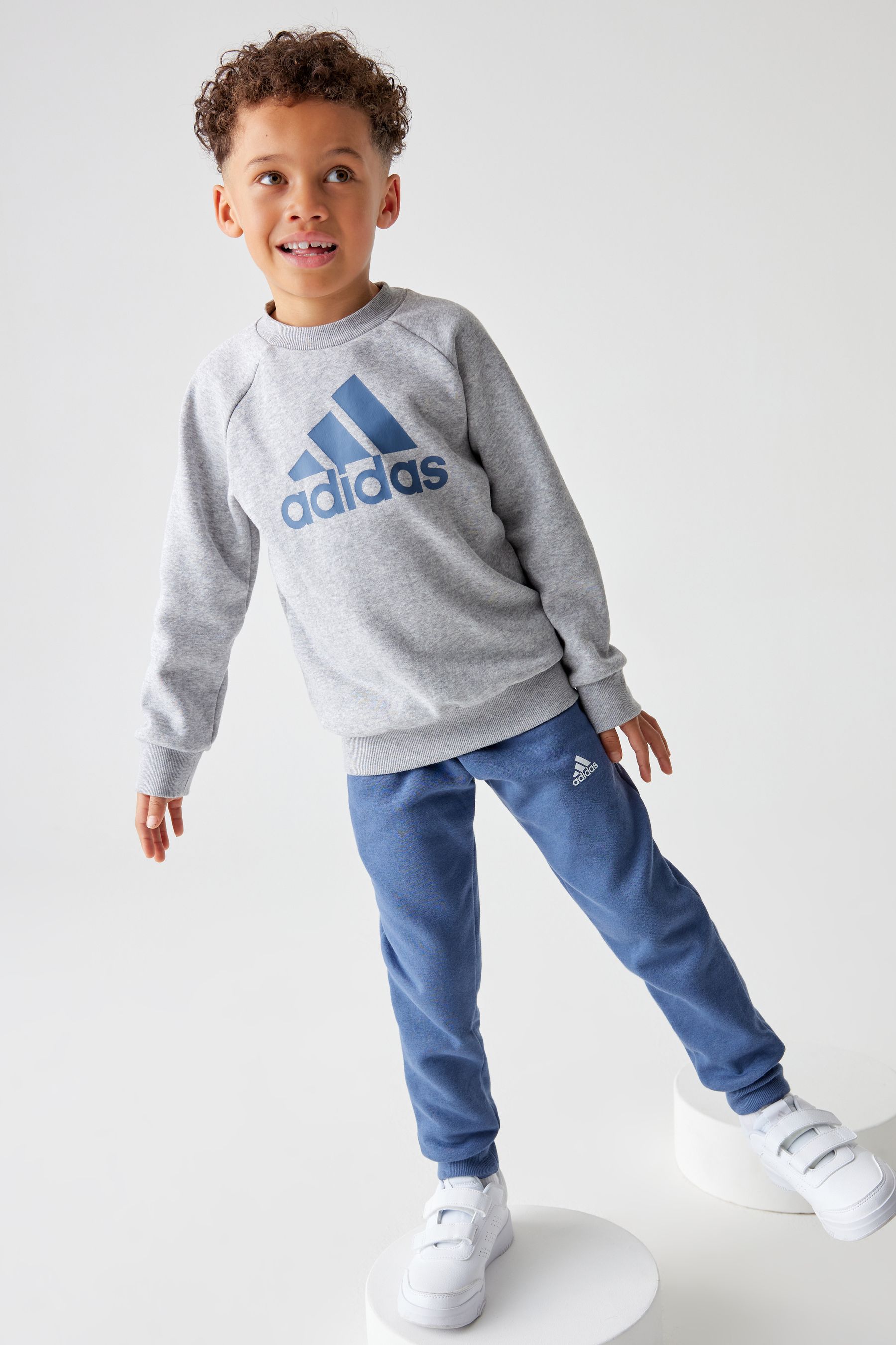 adidas Grey Blue Kids Essentials Logo Joggers Set
