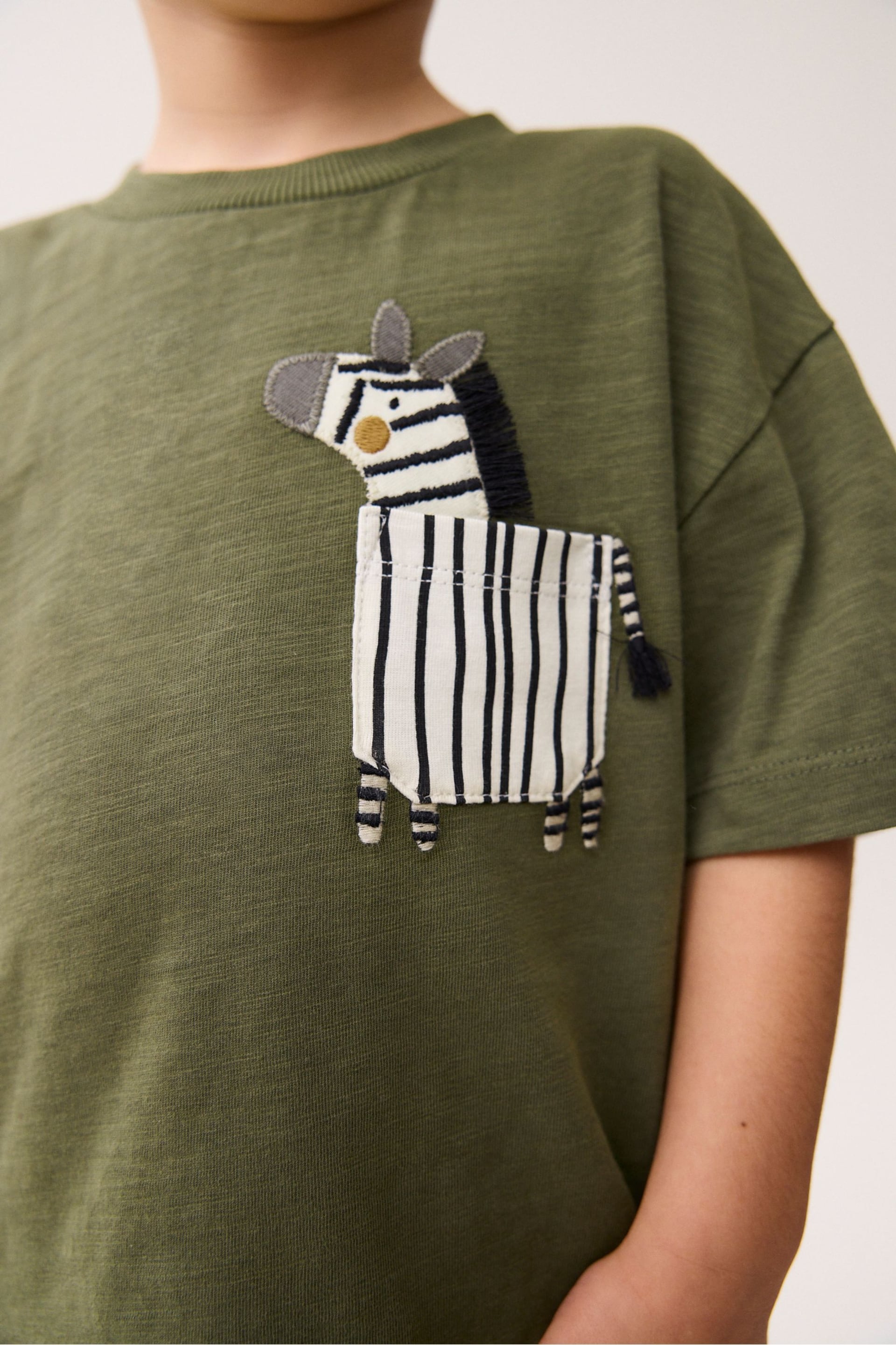 Khaki Green Zebra Short Sleeve Pocket T-Shirt (3mths-7yrs) - Image 4 of 7