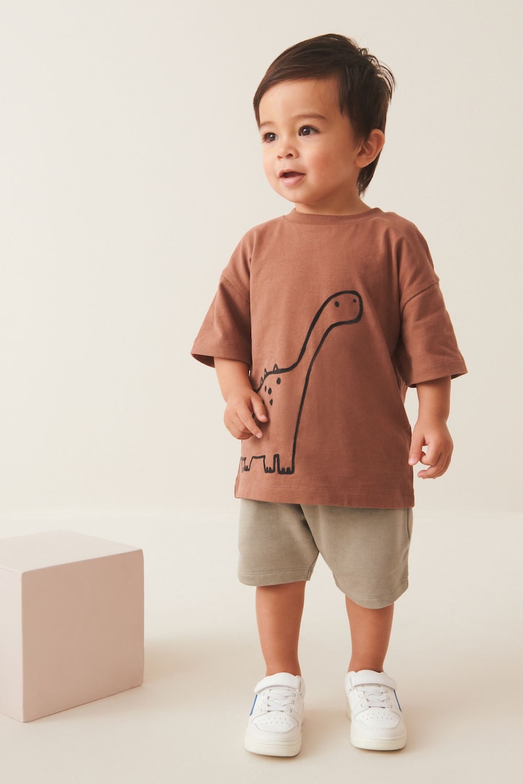 Rust Brown/Ecru Cream 100% Cotton 2 pack T-shirt and Shorts Set (3mths-7yrs) - Image 2 of 9