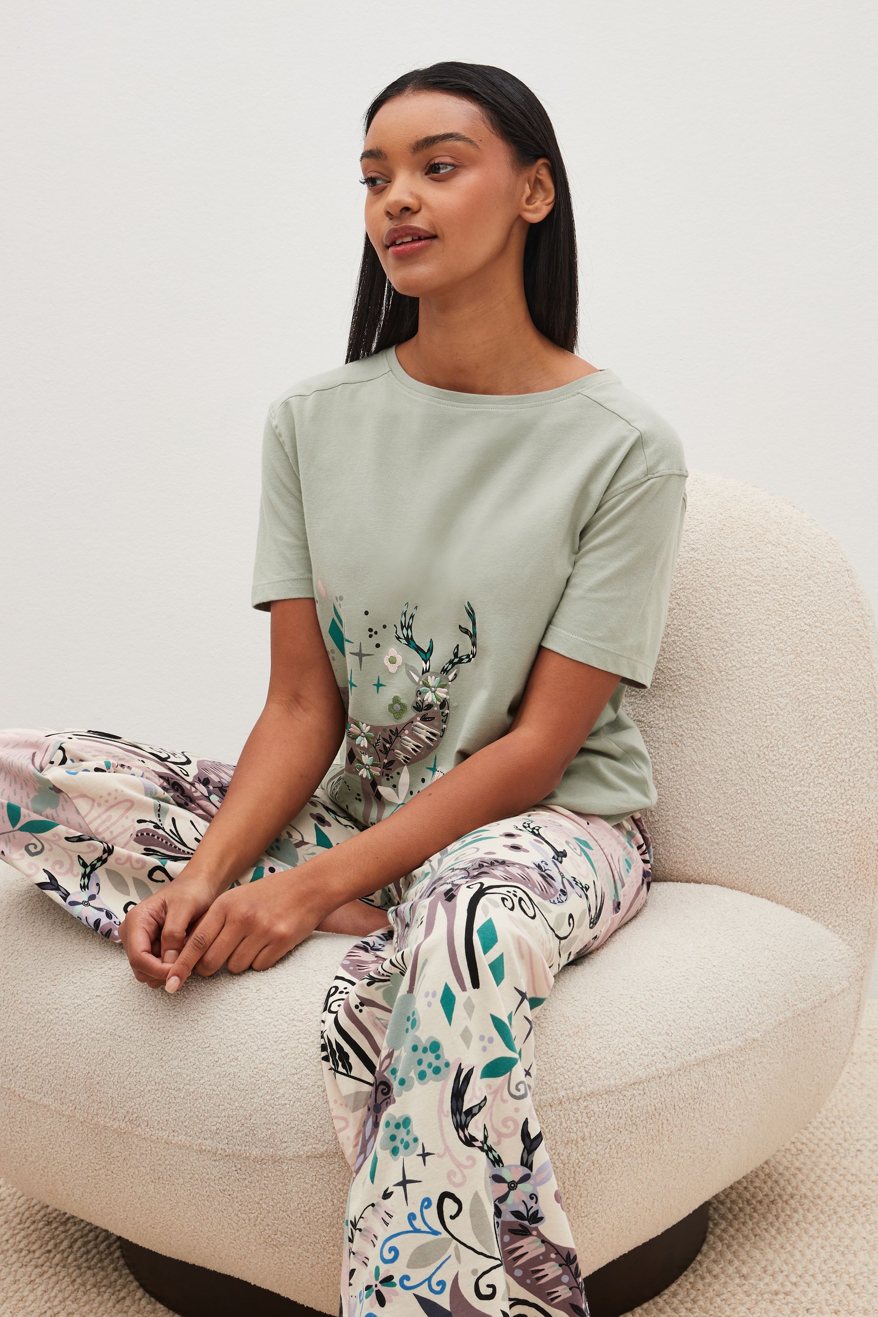 Buy Sage Green Woodland Cotton Short Sleeve Pyjamas from Next Luxembourg