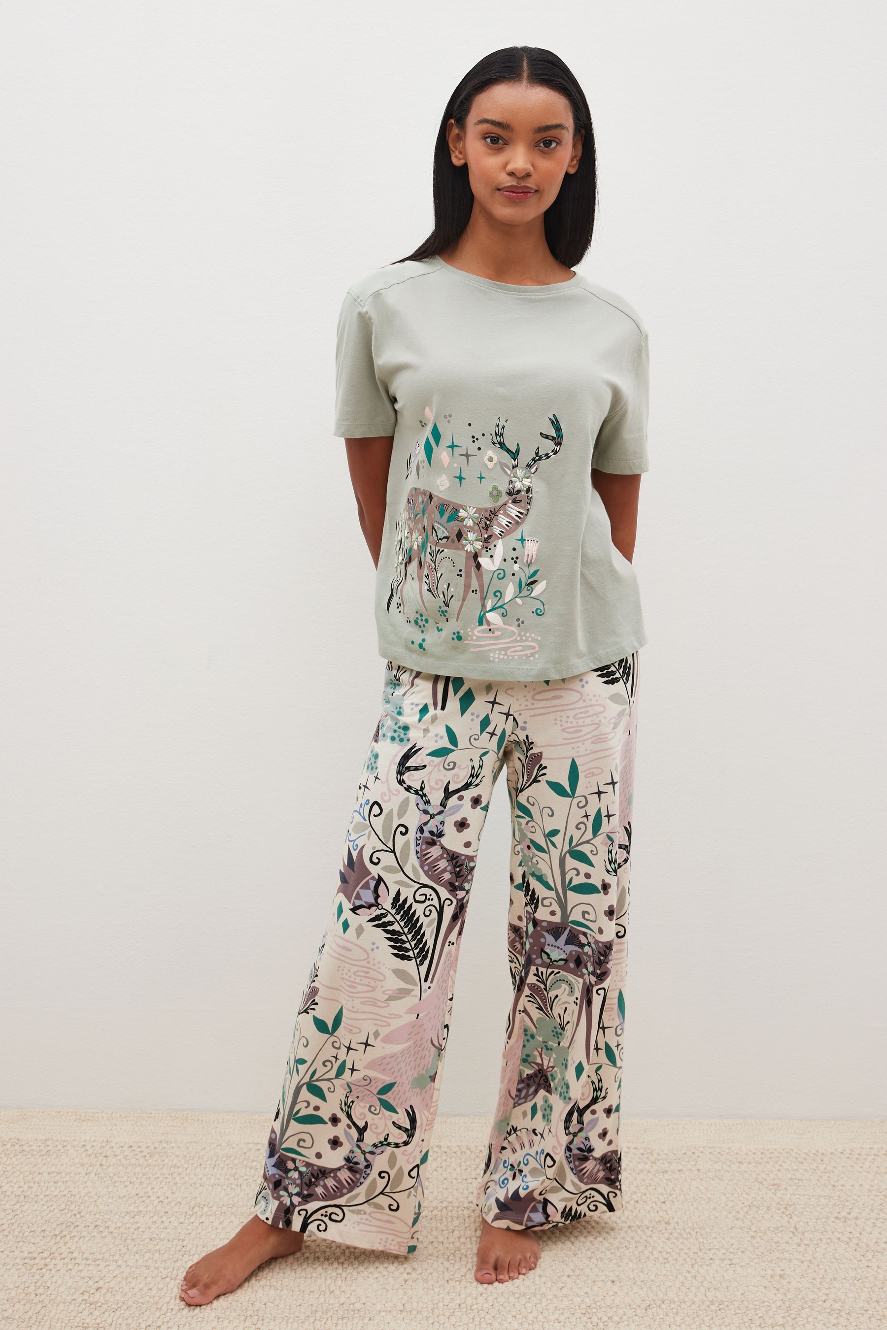 Buy Sage Green Woodland Cotton Short Sleeve Pyjamas from Next Poland