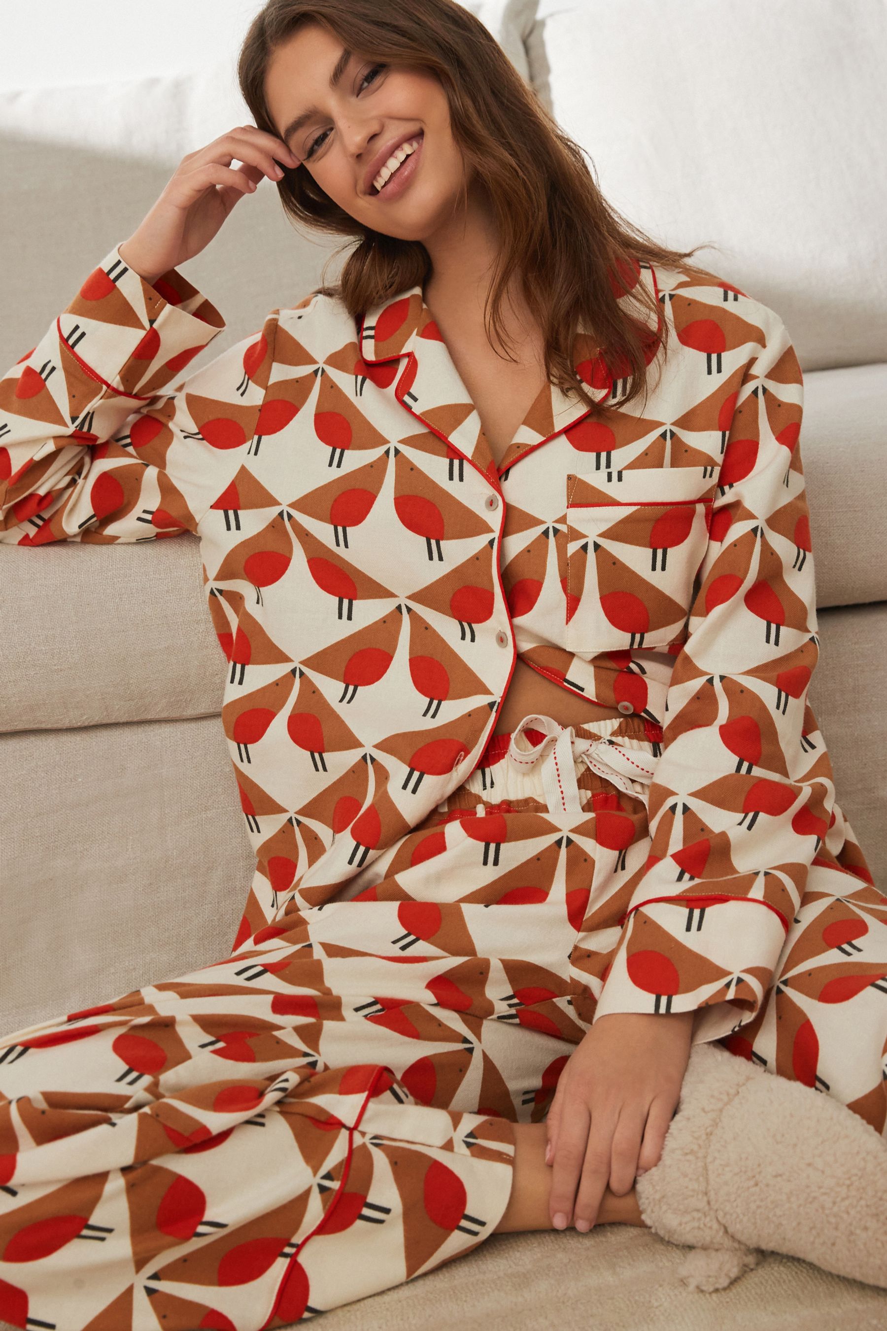 Buy Cream Robin Flannel Button Through Pyjamas from Next Luxembourg