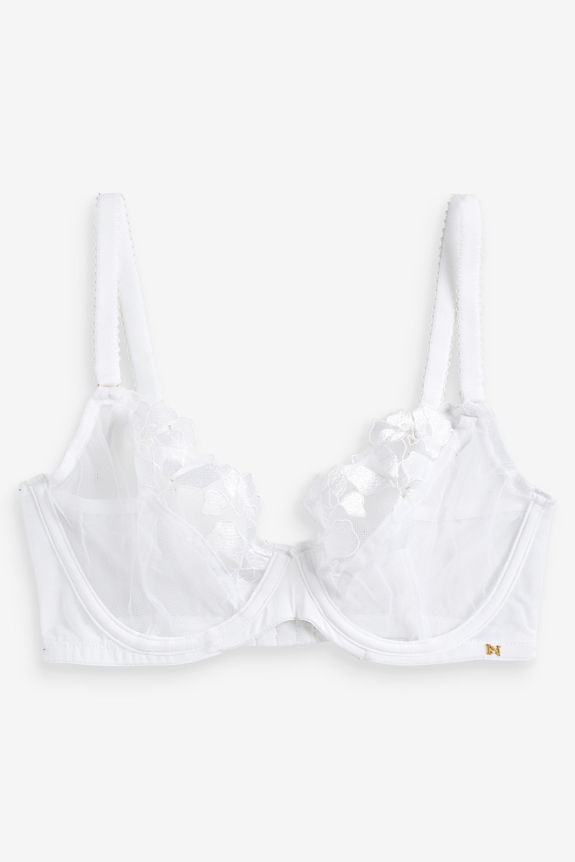 White DD+ Non Pad Plunge Floral Embroidered Bra - Image 5 of 6
