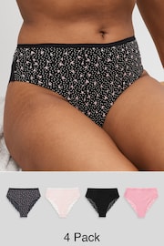 Black/Pink Heart Print High Rise High Leg Cotton and Lace Knickers 4 Pack - Image 1 of 7
