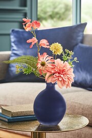 Coral Pink Artificial Dahlia Arrangement In Teal Vase - Image 1 of 3