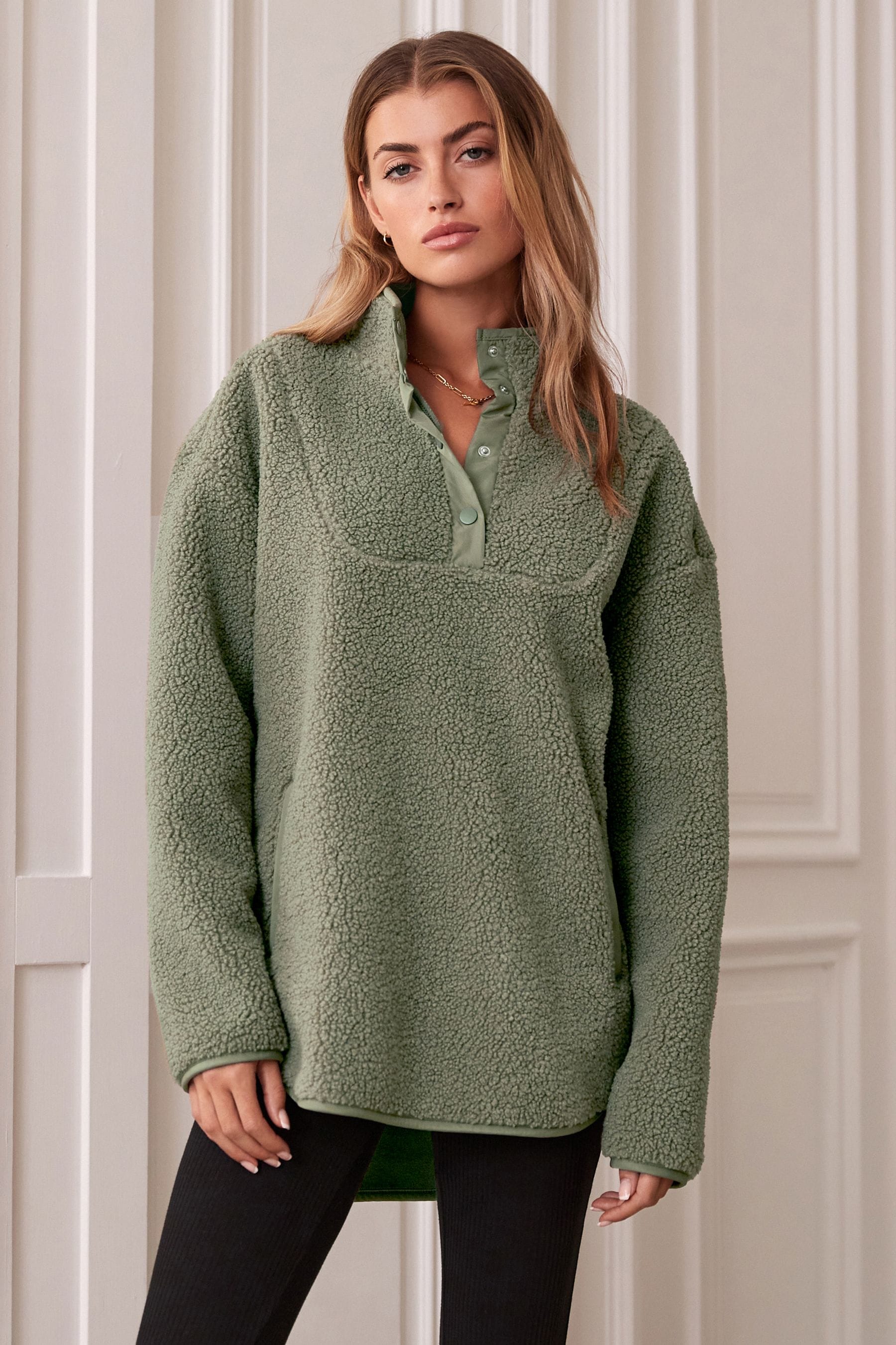 Buy Khaki Green Fleece Borg Half Placket Jacket from Next Luxembourg