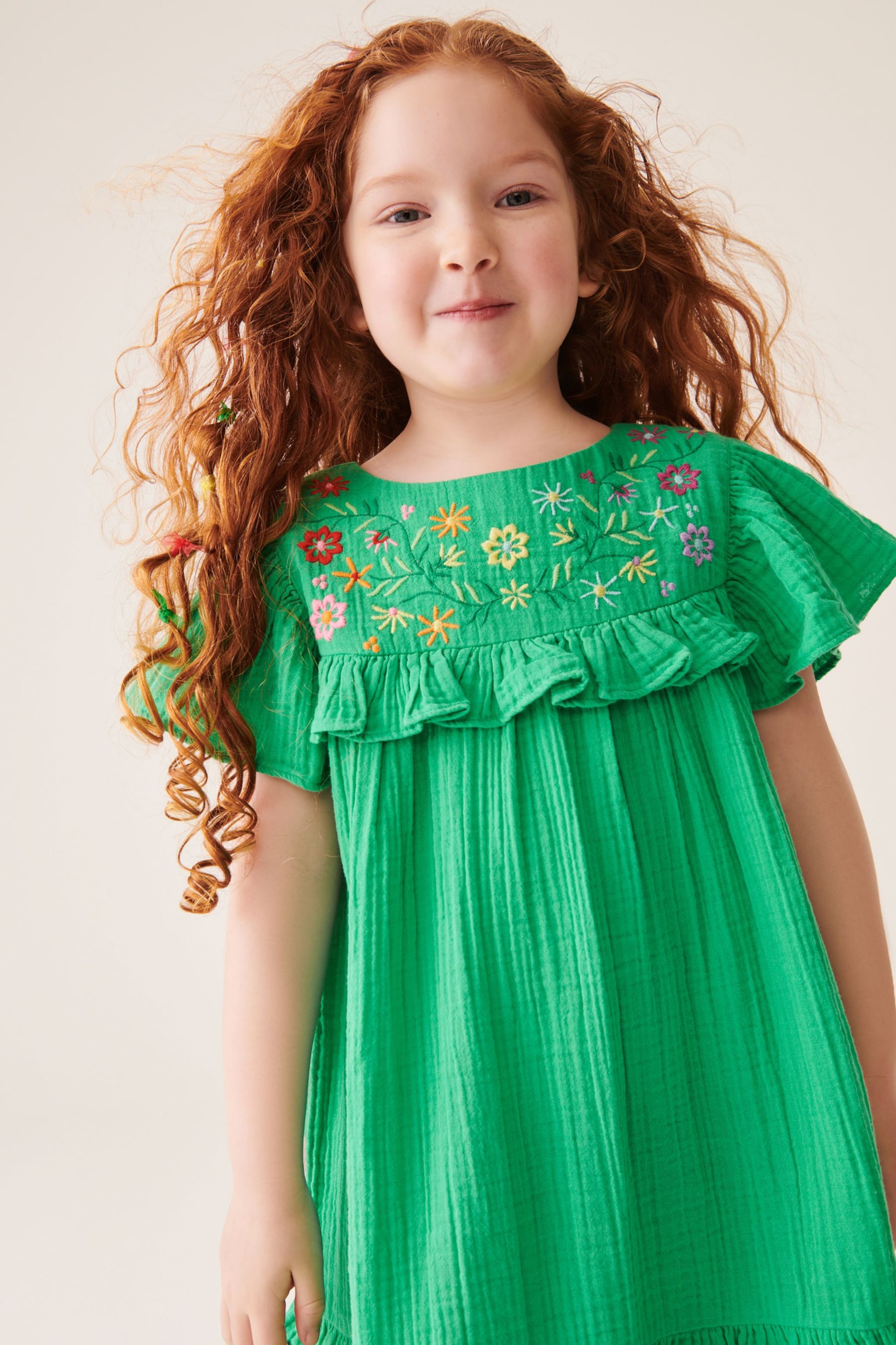Little Bird by Jools Oliver Green Floral Embroidered Frill Dress - Image 2 of 6