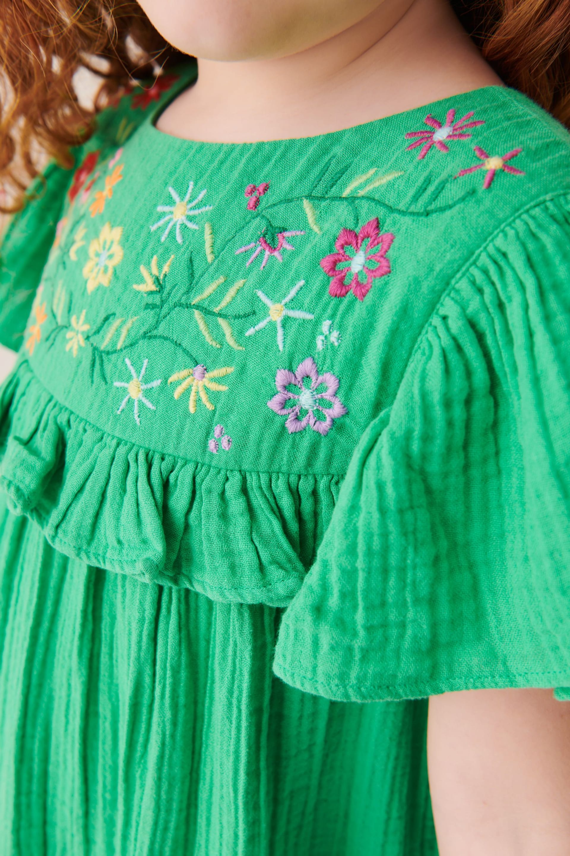 Little Bird by Jools Oliver Green Floral Embroidered Frill Dress - Image 3 of 6