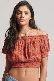 Superdry Orange Smocked Short Sleeve Crop Top - Image 1 of 6