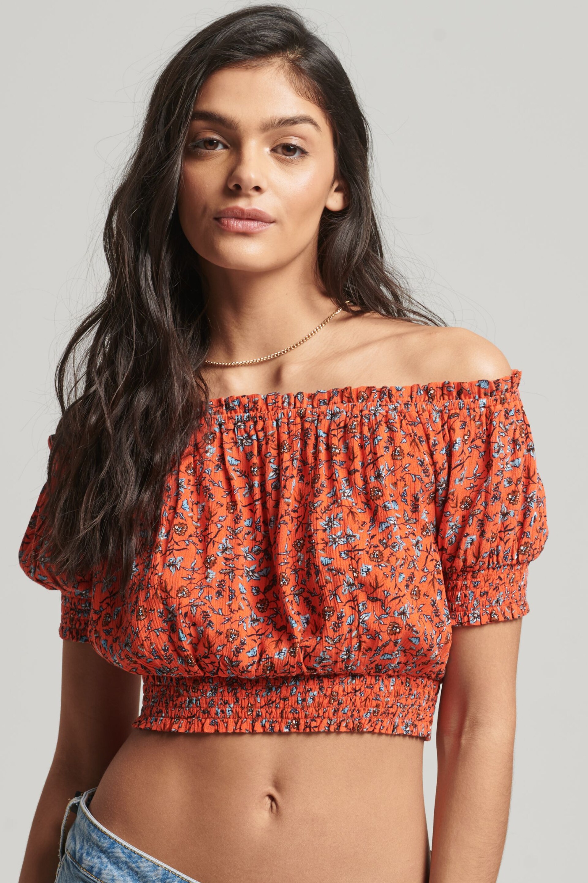 Superdry Orange Smocked Short Sleeve Crop Top - Image 1 of 6