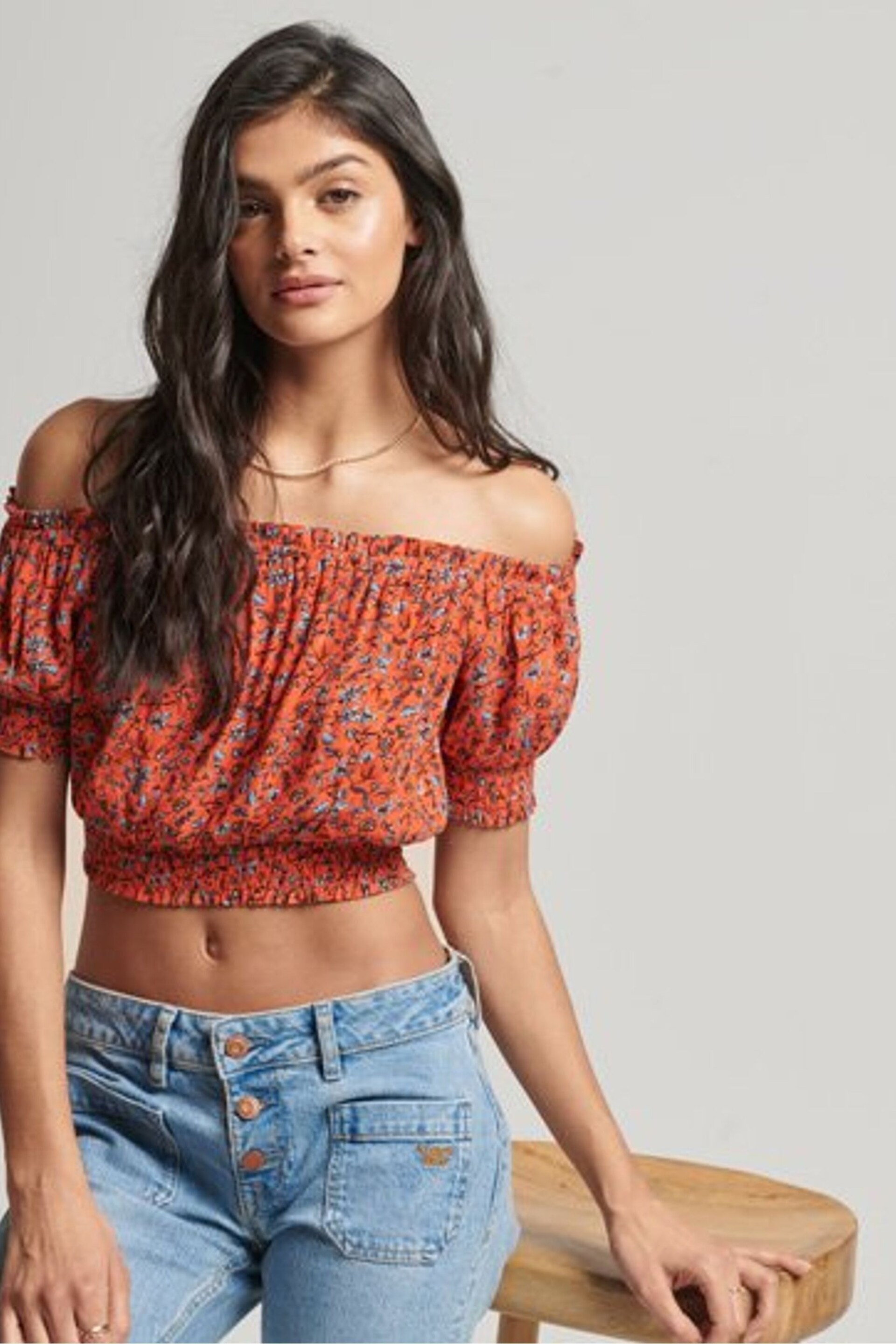 Superdry Orange Smocked Short Sleeve Crop Top - Image 3 of 6