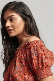 Superdry Orange Smocked Short Sleeve Crop Top - Image 5 of 6