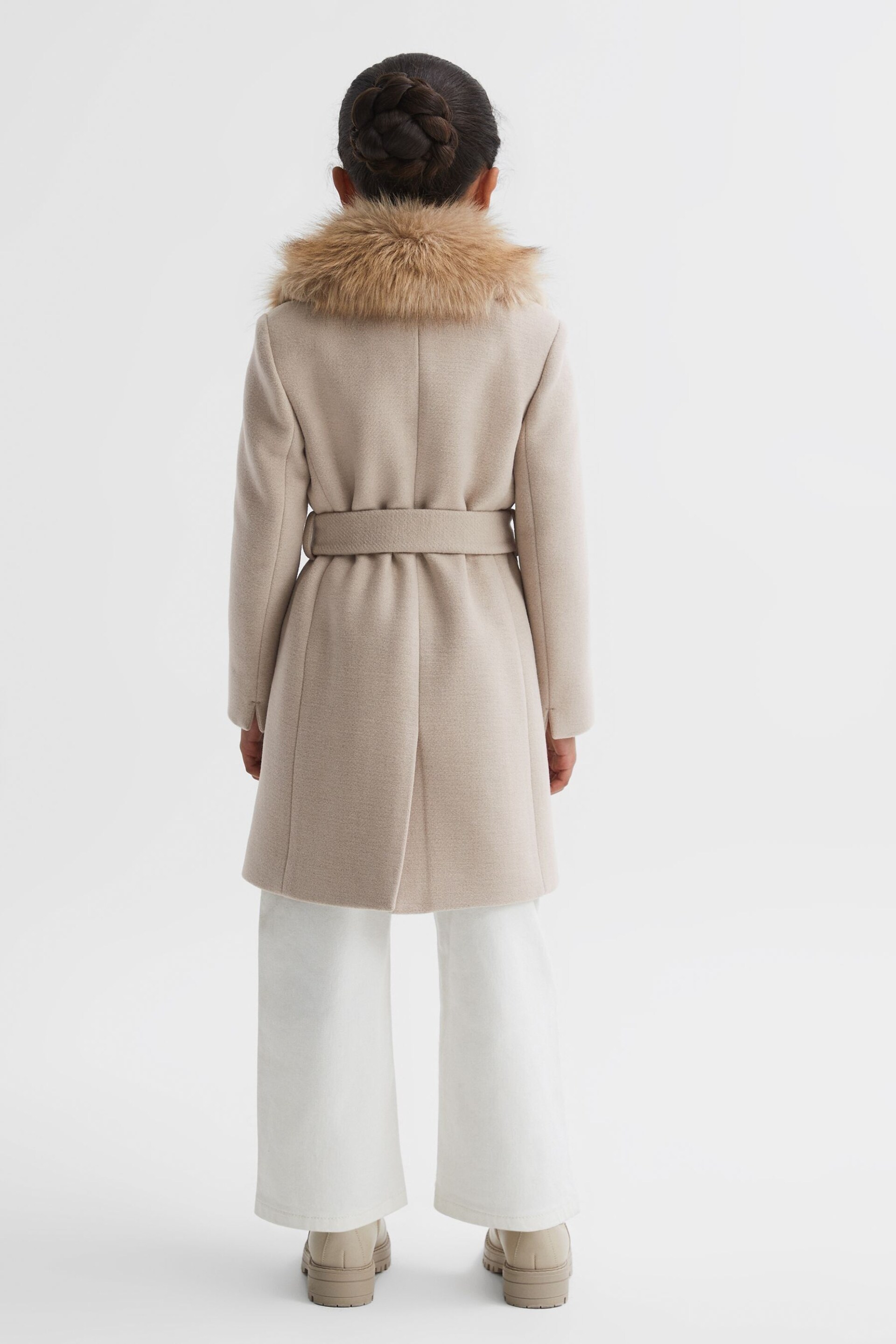 Reiss Oatmeal Brooks Senior Faux Fur Collar Wool Coat - Image 5 of 7